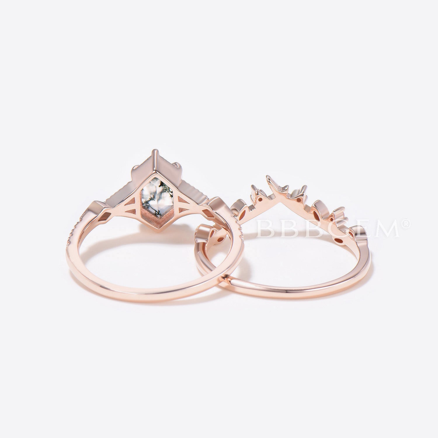 Long Hexagon Cut Moss Agate Ring Set - Rose Gold 3 Stone Engagement Ring for Women | Wedding, Anniversary & Promise Jewelry Gift