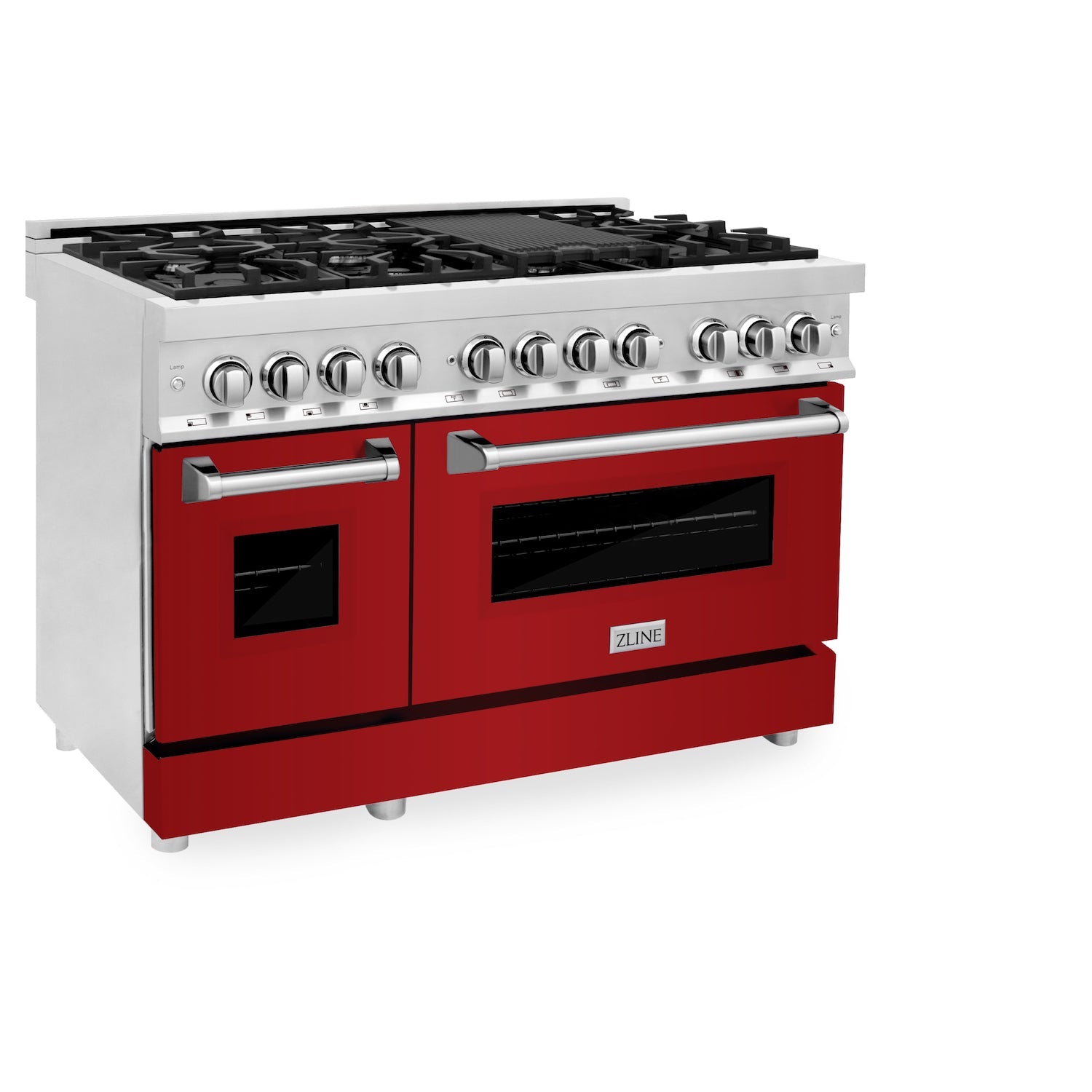 ZLINE 48-Inch 6.0 cu. ft. Dual Fuel Range with 7-Burner Gas Cooktop & 2 Electric Ovens - Stainless Steel with Red Gloss Doors (RA RG 48) for Professional Home Kitchens & Gourmet Cooking