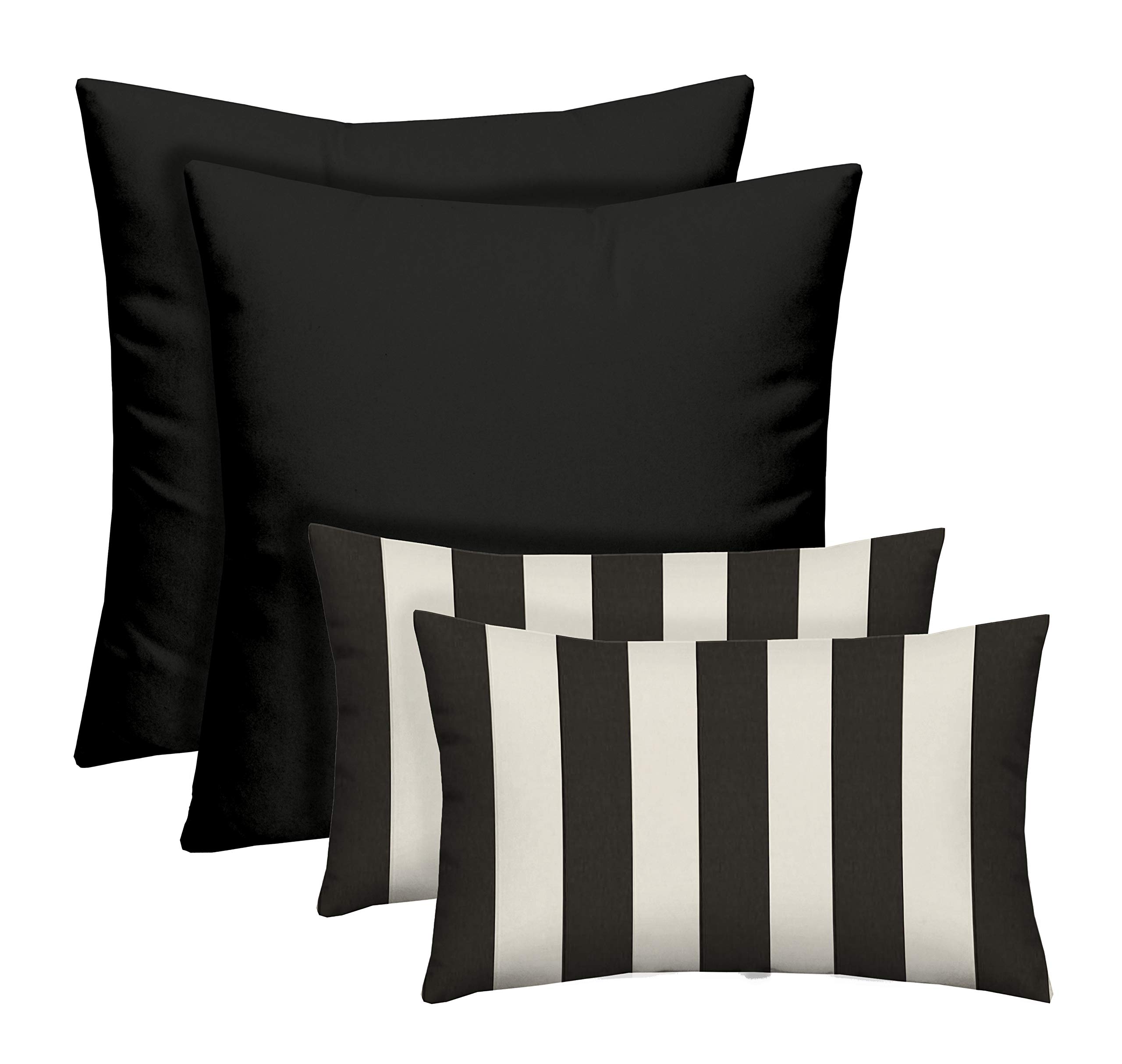 RSH DECOR Indoor Outdoor Mixed Set of 4 Decorative Throw Pillows - 2 Solid Square & 2 Striped Lumbar Cushions - Weather Resistant Outdoor Pillow Covers - Perfect for Patio, Porch, Poolside & Garden Decor (Black, 2-20