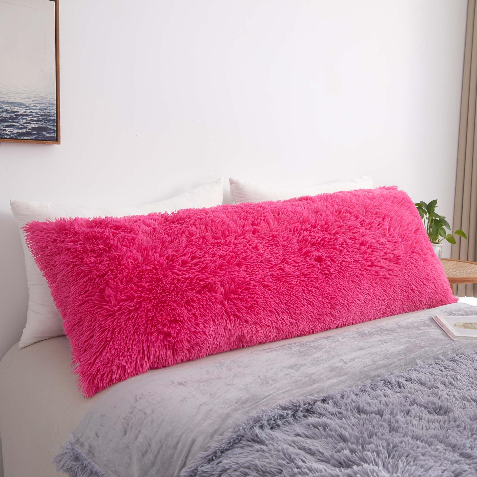 Luxury Fluffy Body Pillow Cover 20x54 Inches - Soft Shaggy Faux Fur Pillowcase with Zipper Closure - Plush Fuzzy Decorative Hug Pillow for Bedroom, Couch & Nursery - Hot Pink