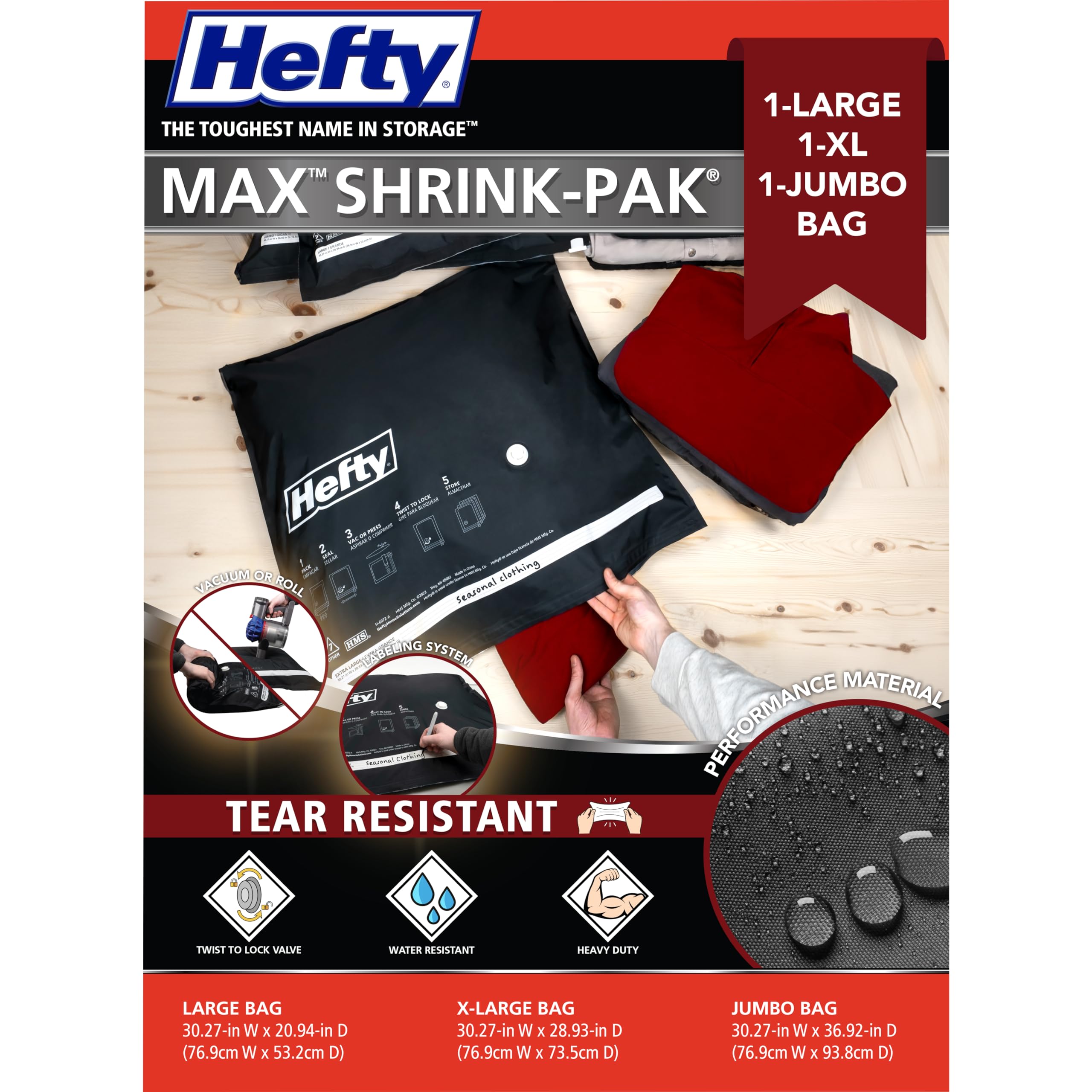Hefty MAX Shrink-Pak Vacuum Storage Bags Combo Pack - Extra Strong Tear-Resistant Space Saver Bags for Clothes, Blankets, Pillows & Home Organization - Includes 1 Large, 1 XL, 1 Jumbo Bags - Perfect for Seasonal Storage, Moving & Space Saving