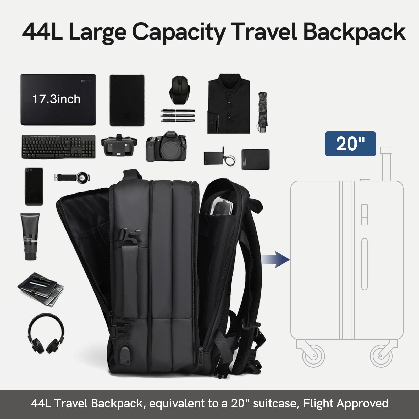 VGOAL 26-44L Expandable Travel Laptop Backpack for 17.3 Inch Laptop - Water-Resistant Business Rucksack with USB Charging Port - Perfect for Airplane Carry-On, Weekender Trips & Daily Commute (Black)