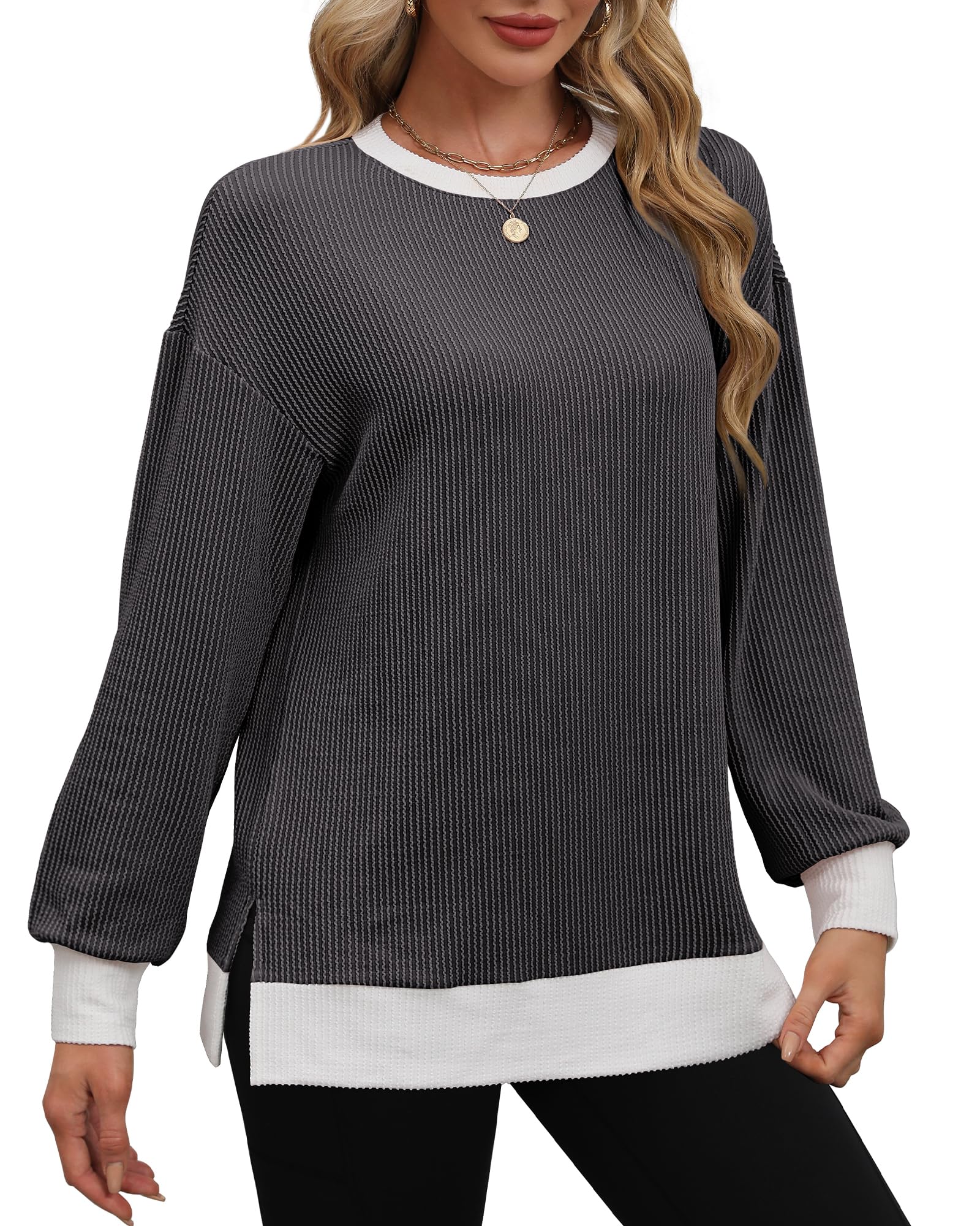 OFEEFAN Women's Lightweight Ribbed Knit Long Sleeve Crewneck Sweatshirt - Fall Fashion Layering Essential for Casual Outfits, Workwear & Cozy Home Wear