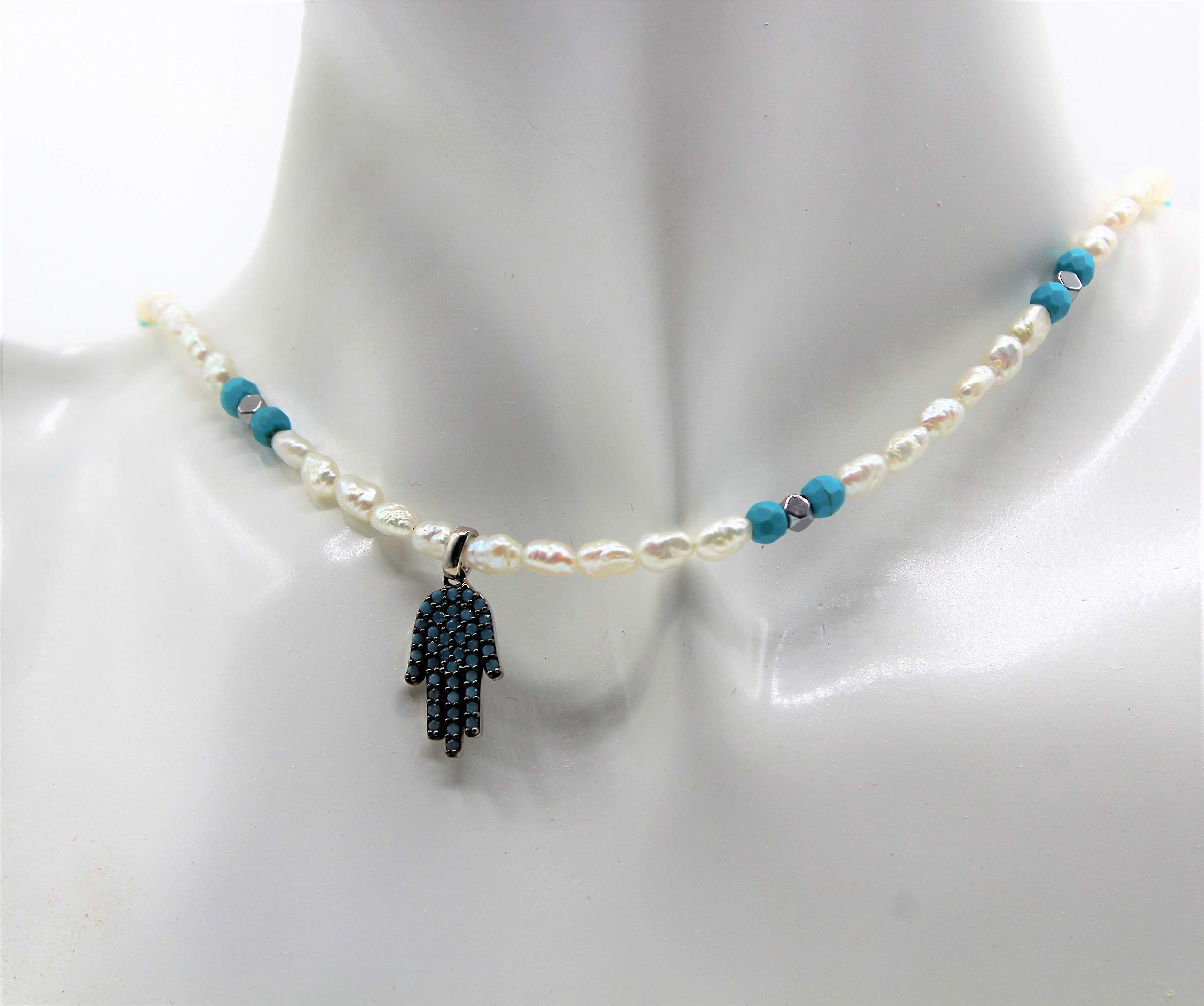 Elegant Turquoise & Pearl Hamsa Necklace - Delicate Evil Eye Protection Amulet Jewelry for Women | Perfect for Spiritual Protection, Boho Fashion & Gift Giving