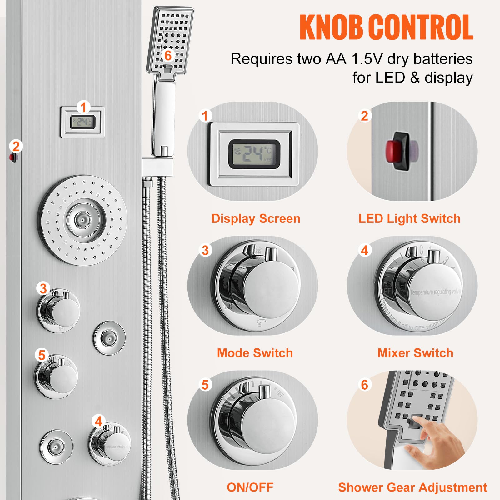 VEVOR Stainless Steel Shower Panel System with 6 Shower Modes - LED Rainfall Shower Tower, Waterfall & 4 Body Massage Jets, Wall-Mounted Shower Set with Tub Spout & 59