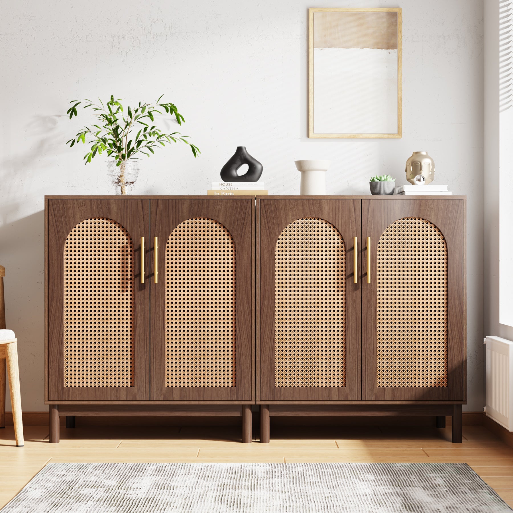 2-Piece Rattan Sideboard Buffet Set with Doors - Stylish Storage Cabinet for Dining Room, Living Room, or Entryway Organization