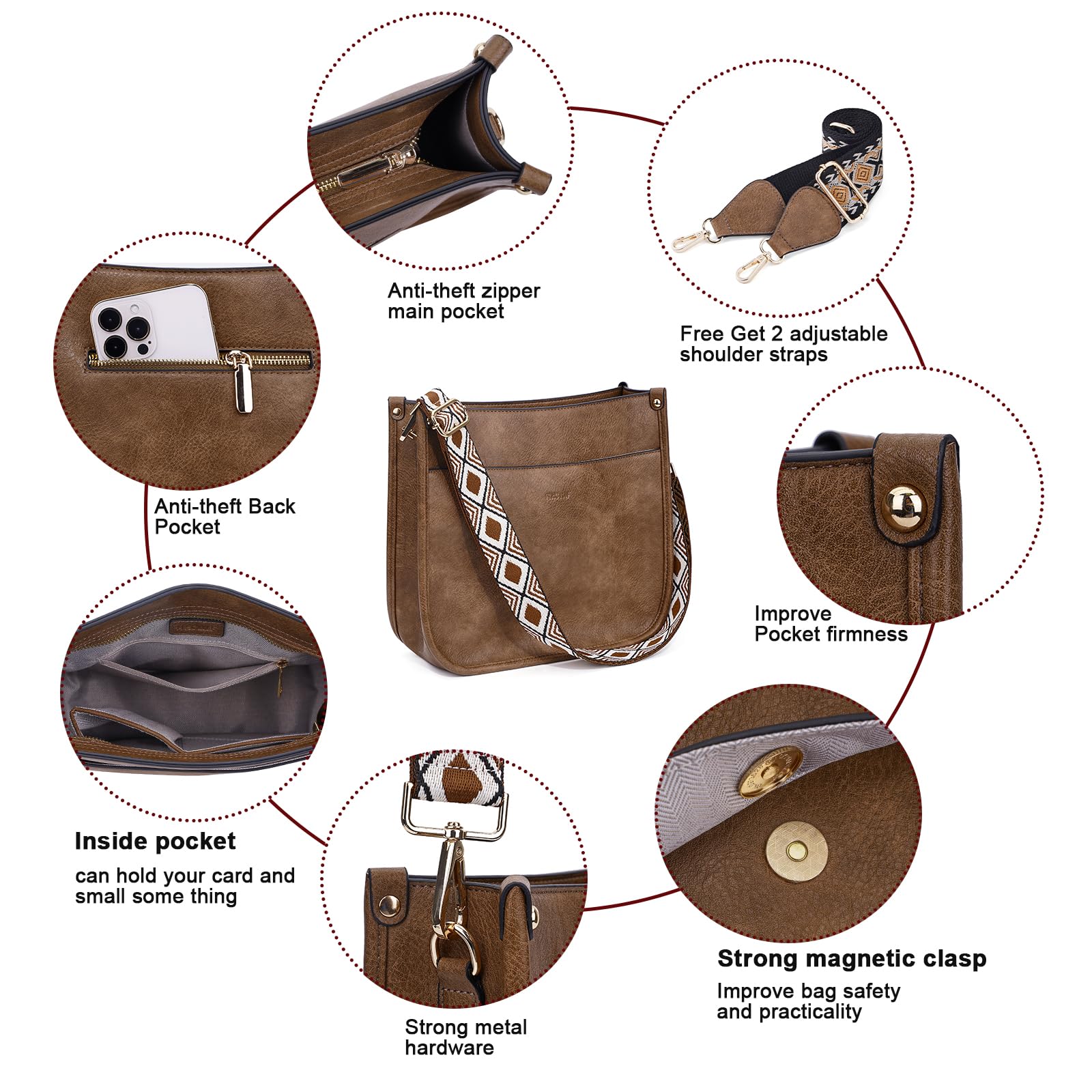 HKCLUF Women's Leather Crossbody Bag & Wallet Set - 2-Piece Hobo Handbag with Adjustable Guitar Strap - Perfect for Travel, Shopping & Everyday Use