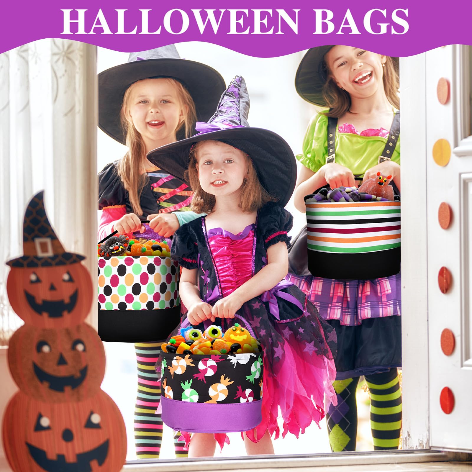 Kajaia 3-Piece Halloween Pumpkin Candy Buckets for Kids - Trick or Treat Bags, Halloween Party Favors & Goodie Baskets for Candy Collection & Festive Decorations