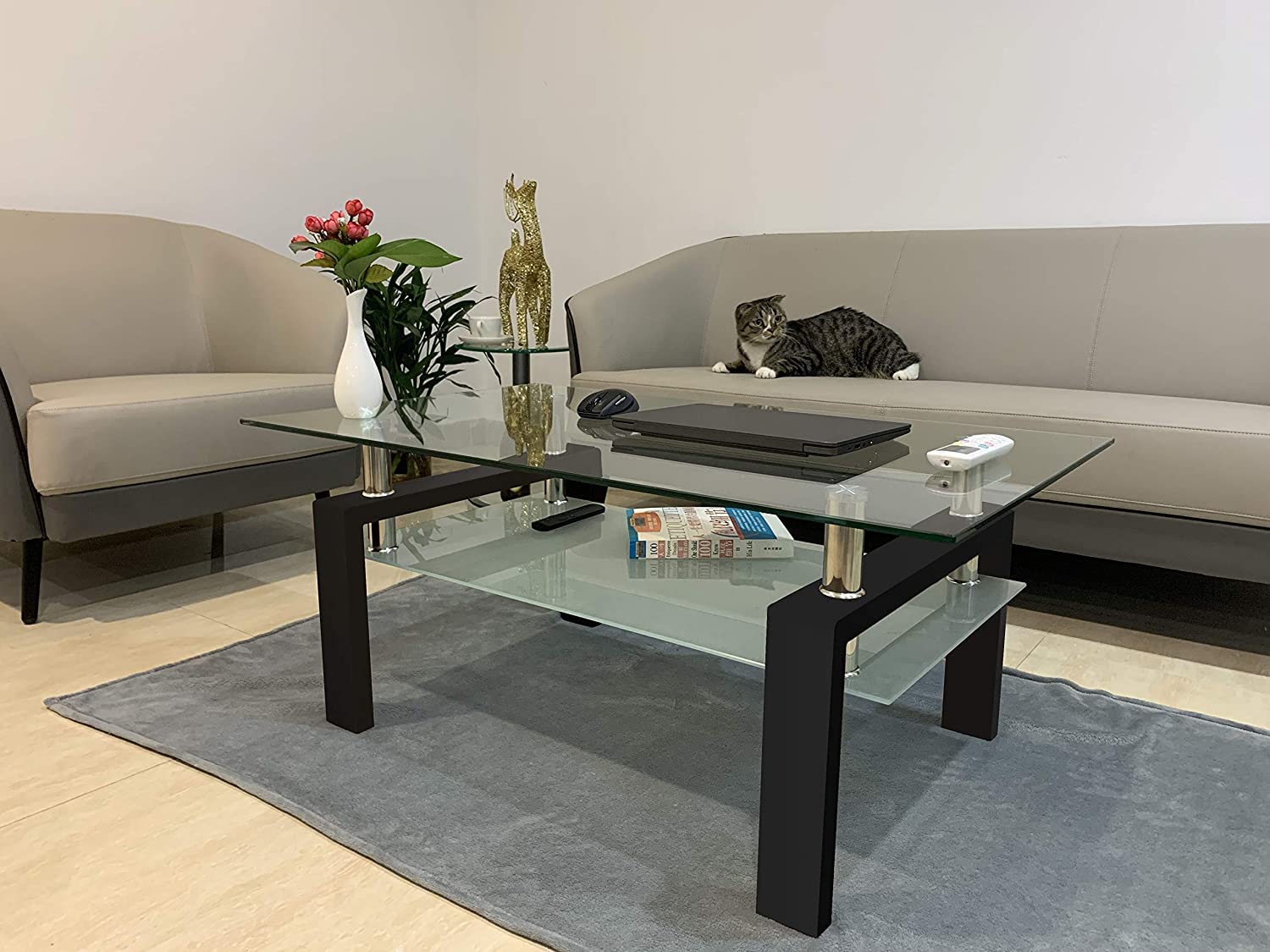 Modern Glass Coffee Table with Metal Legs - 2-Tier Clear Tempered Glass Living Room Table, Cocktail & Tea Table for Home Decor, Living Room Furniture - Perfect for Small Spaces, Apartments & Lounge Areas