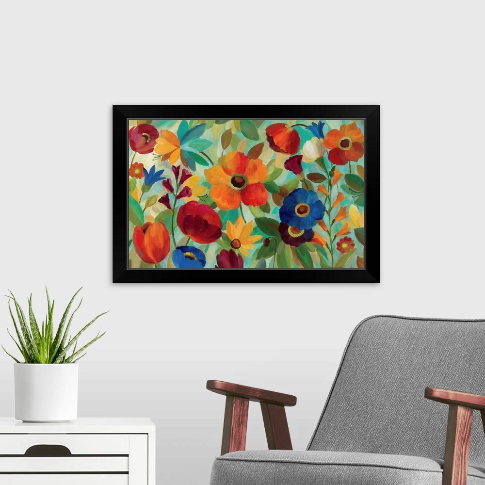 Summer Floral V Black Framed Art Print - Modern Botanical Wall Decor for Living Room, Bedroom & Office - Perfect for Home Decor & Gift Giving