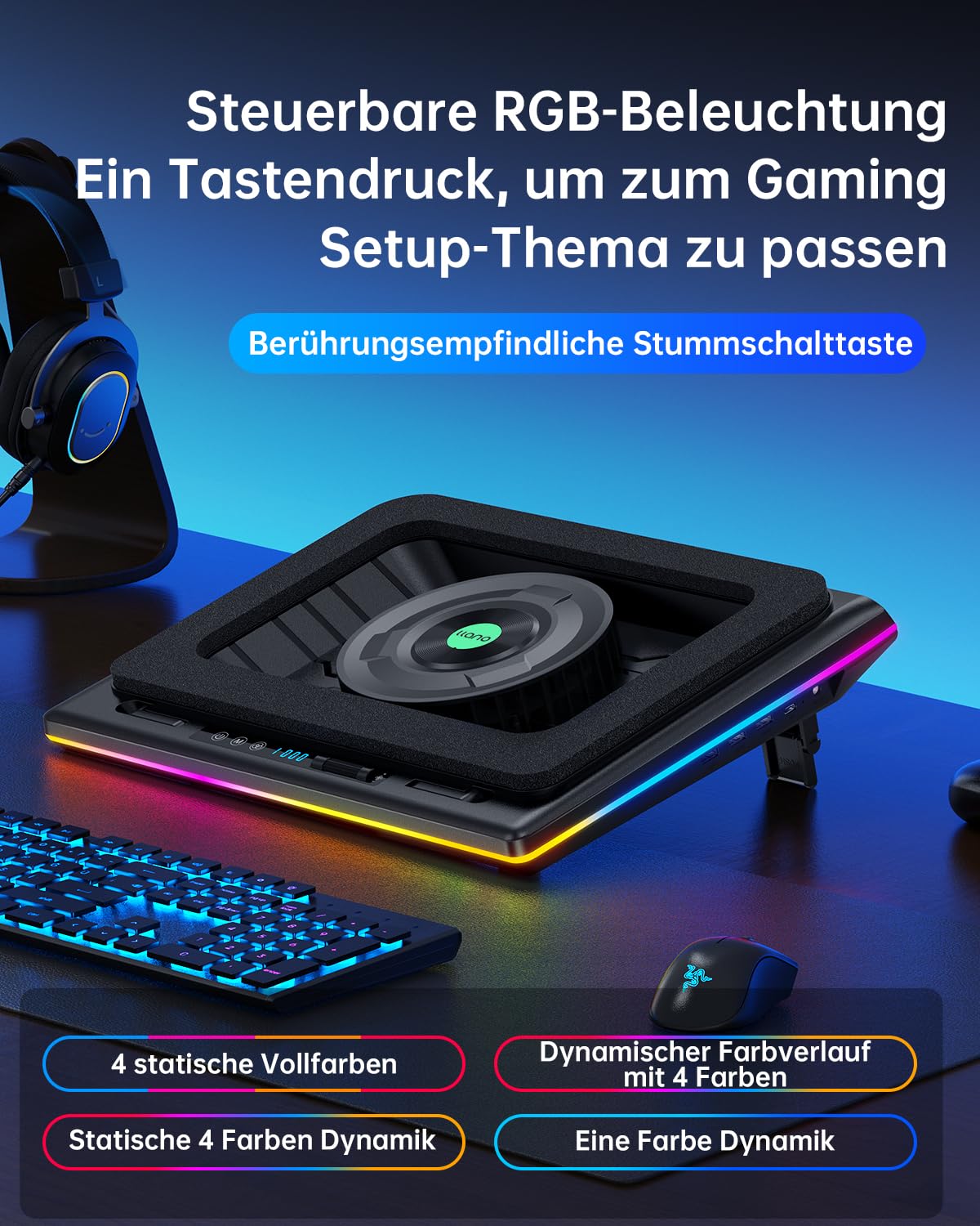 Llano 2024 RGB Gaming Laptop Cooling Pad with Touch Control, Adjustable Speed & 14cm Extra-Large Turbo Fan, Sealing Foam & 3-Port USB Hub for 15-19 Inch Notebooks - Perfect for Gaming, Streaming and Office Work