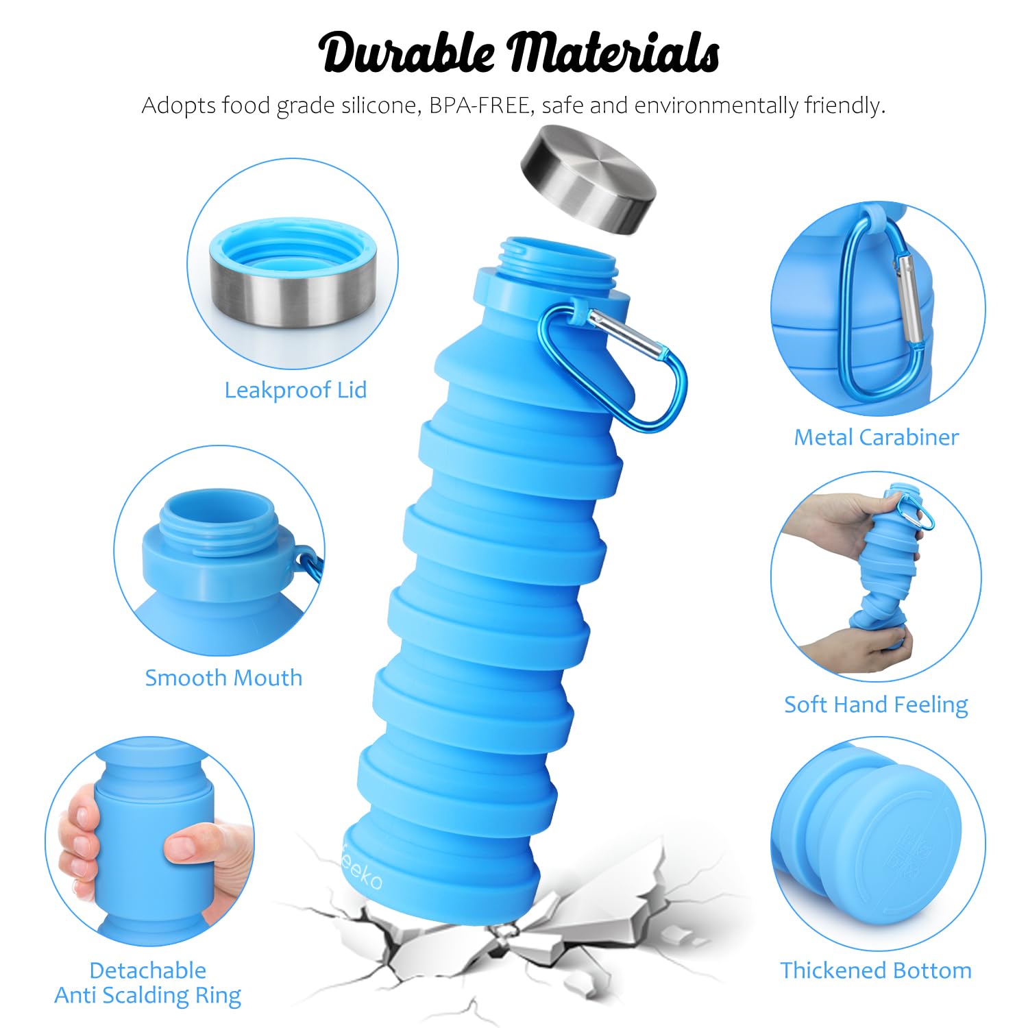 Nefeeko Collapsible Water Bottle - BPA Free, 18oz Leakproof for Travel & Gym