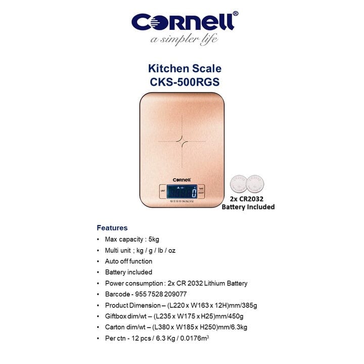 **Cornell Digital Kitchen Scale - 5kg/11lb Precision Food Scale with Stainless Steel Platform (CKS500SS/CKS500RGS) - Perfect for Baking, Cooking & Portion Control**