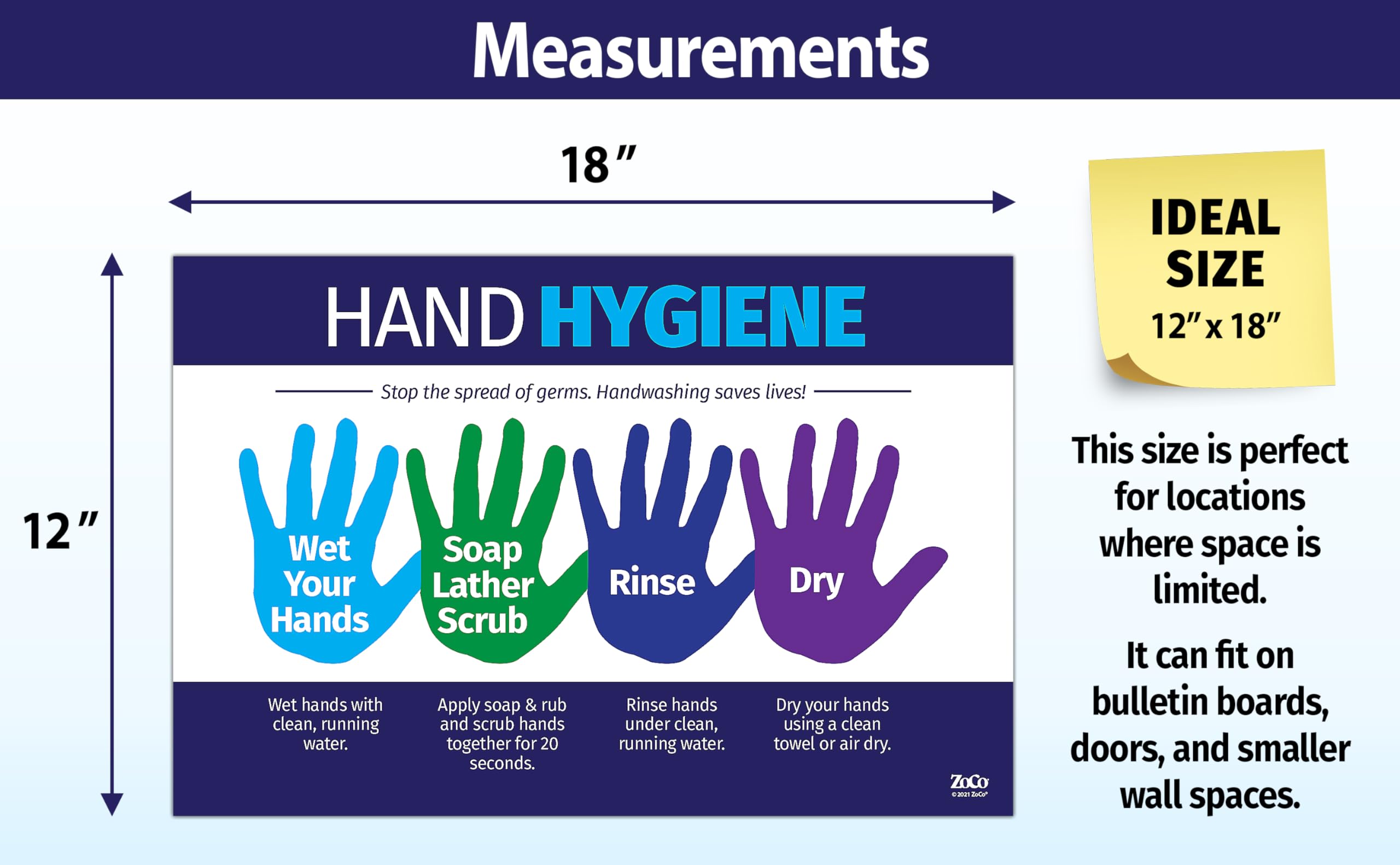 ZOCO - 20 Pack Laminated Hand Washing Posters 12x18 inches - Hand Hygiene Signs for Kids & Adults - Perfect for Schools, Workplaces & Nurse Offices - Promote Cleanliness in Classrooms, Restrooms & Healthcare Facilities