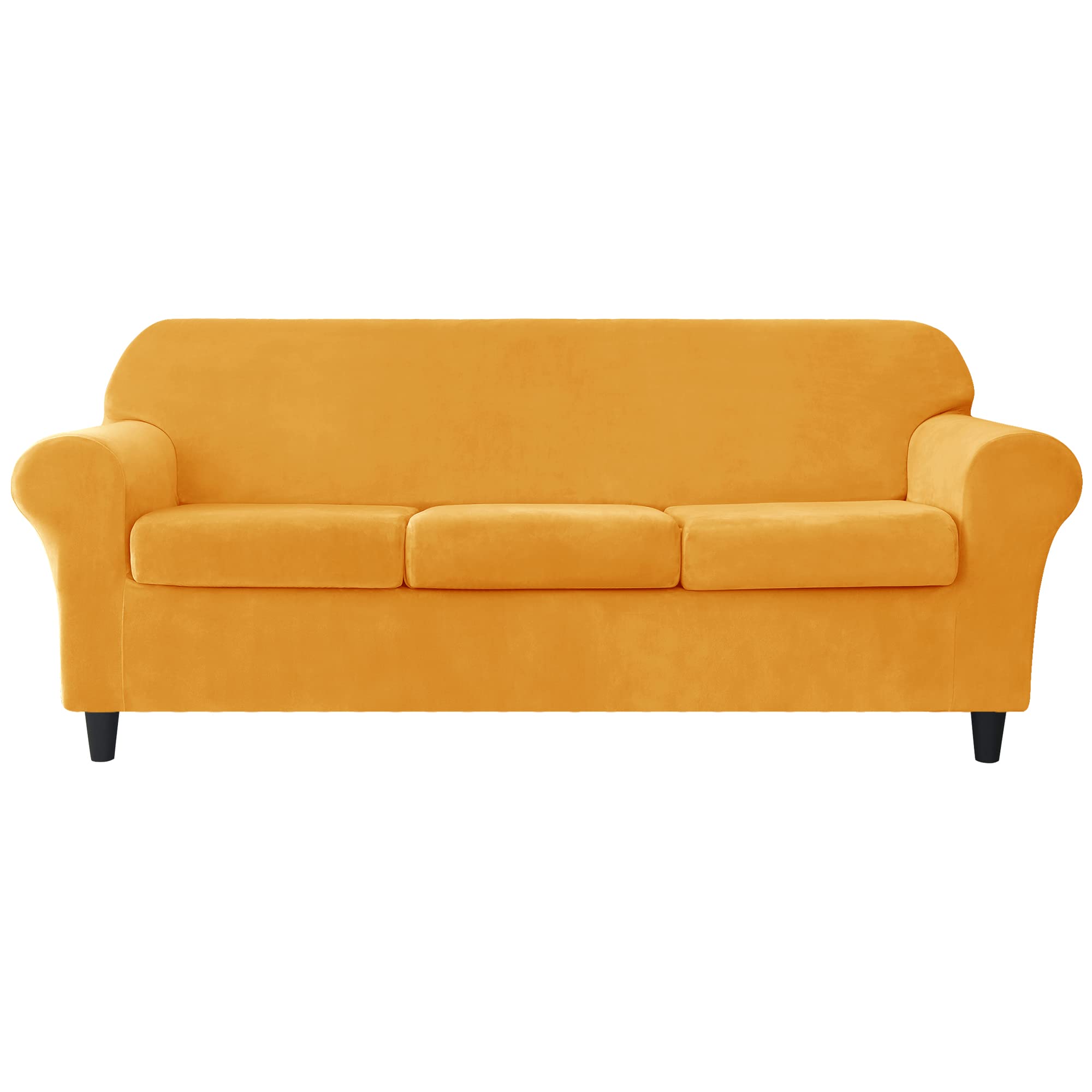 CONRUSER 4-Piece Stretch Sofa Slipcover Set - Soft Velvet Oversized Couch Cover for 3-Cushion Sectional, Thick Furniture Protector for Pets & Kids (Gold) - Perfect for Living Room, Family Room & Pet-Friendly Homes