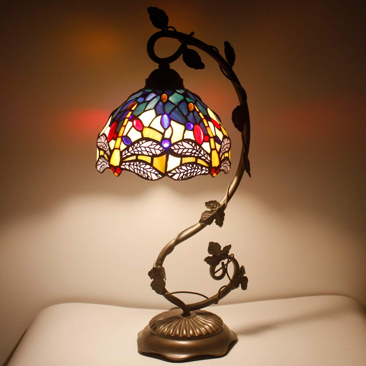 Tiffany Style Stained Glass Table Lamp with Blue & Yellow Dragonfly Design - Metal Leaf Base, 8x10x21 Inches - Perfect for Bedroom, Home Office, Living Room Decor - S128 Series