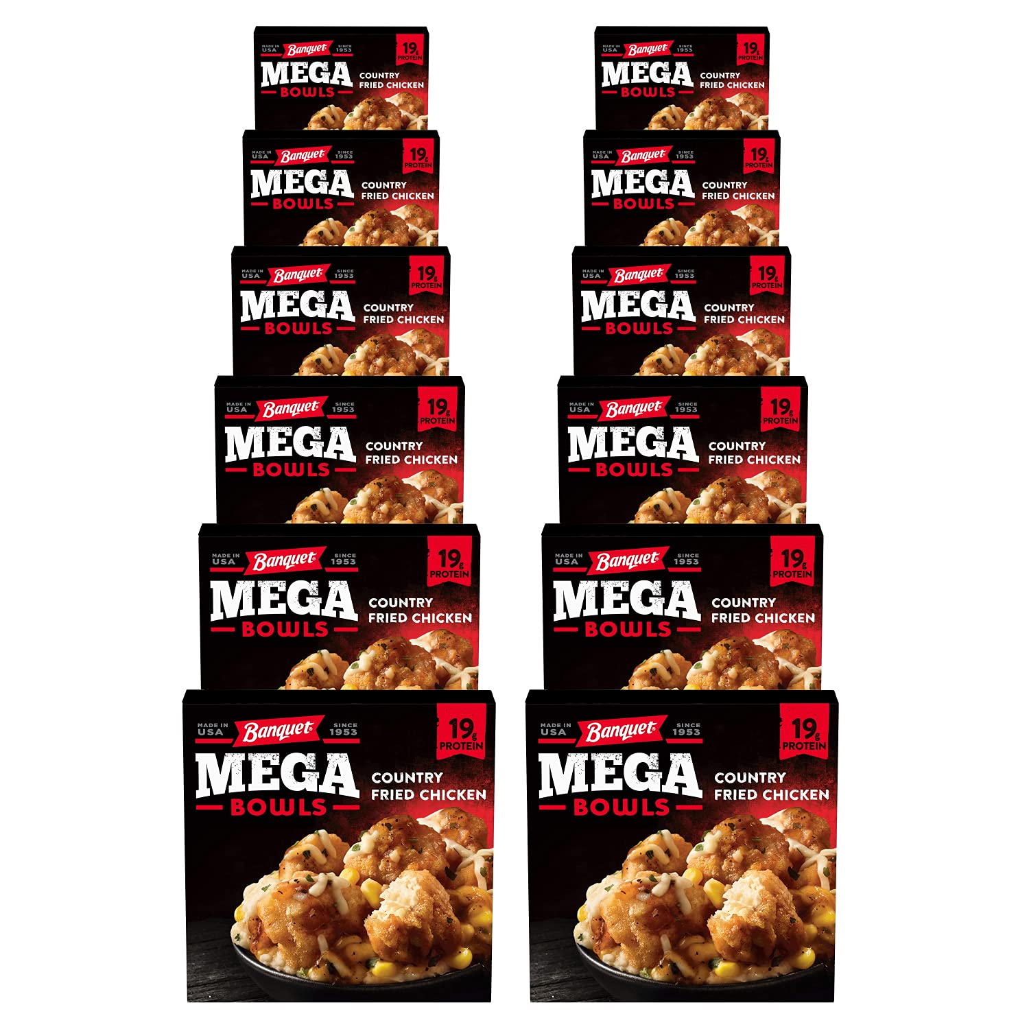 Gourmet Kitchn Banquet Mega Bowls Country Fried Chicken - 12 Pack (14 Oz Each) | High Protein Frozen Meal | Quick & Easy Lunch, Dinner, or On-the-Go Meal