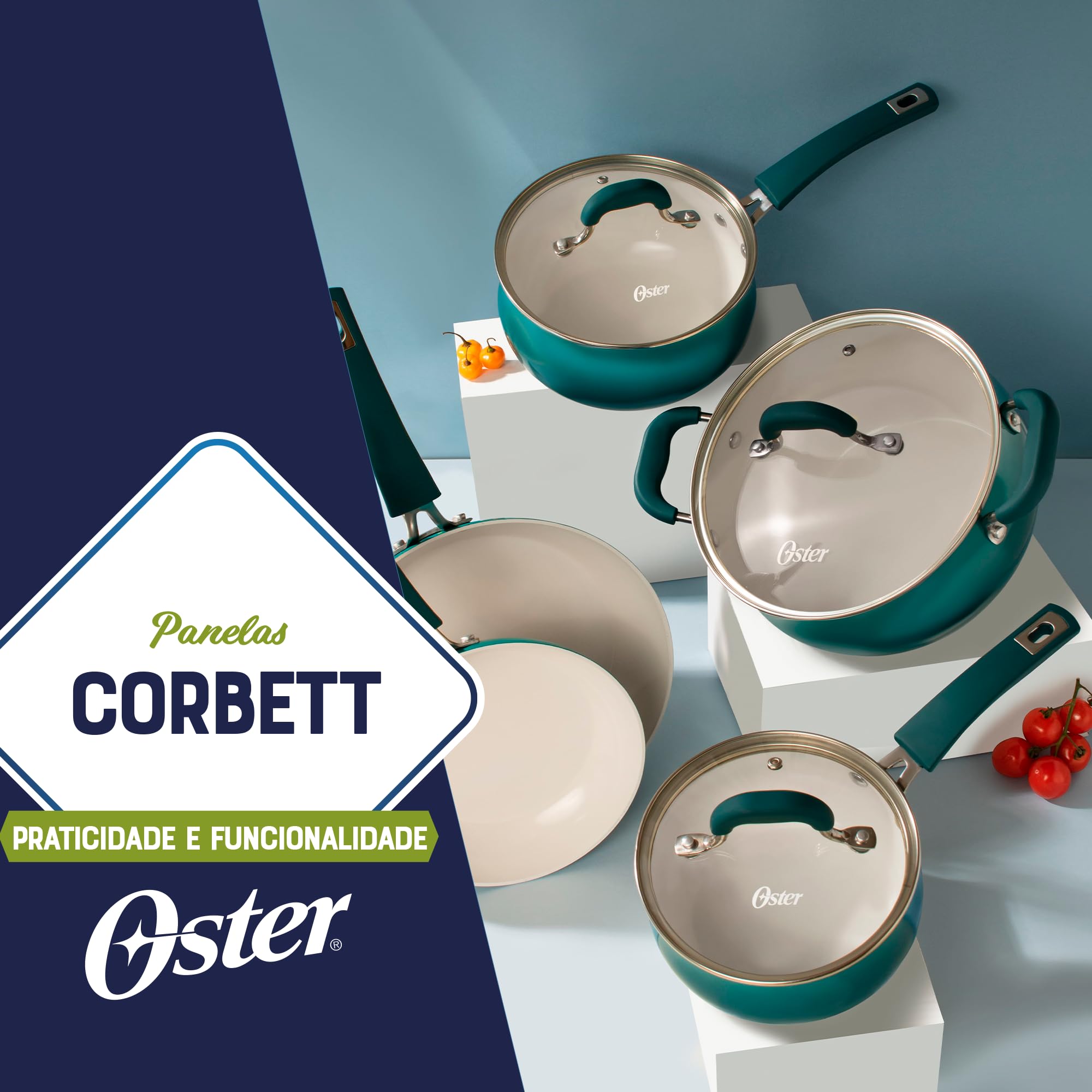 Oster Corbett 8-Piece Forged Aluminum Cookware Set - Ceramic Non-Stick Induction Compatible Pots and Pans with Soft-Touch Bakelite Handles & Tempered Glass Lids - Gradient Teal - Perfect for Everyday Cooking, Family Meals & Professional Kitchens