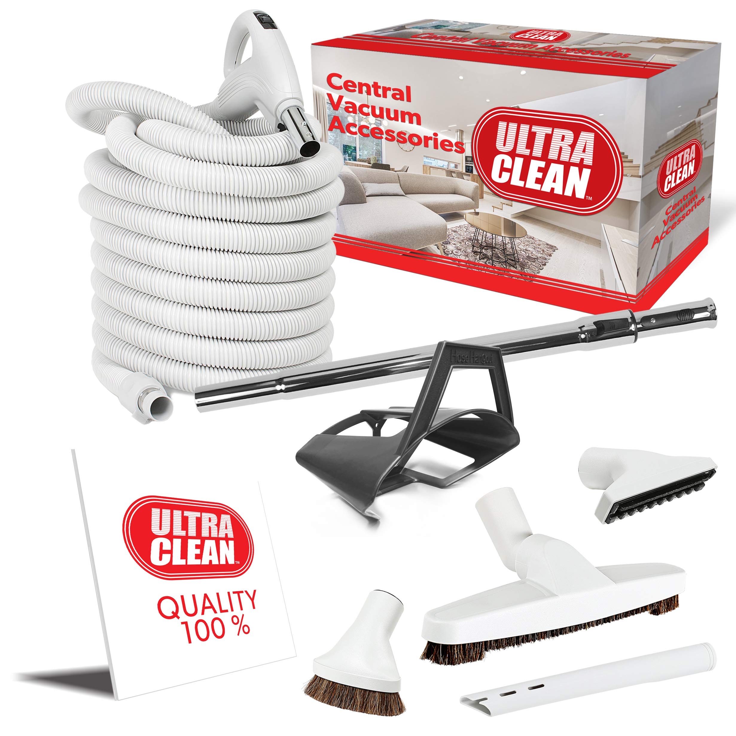 Central Vacuum Hardwood Floor Cleaning Kit - 24V Low-Voltage Crush-Proof Hose with ON/OFF Switch, Extendable Telescopic Wand & Accessories (35ft, Light Grey) - Perfect for Hardwood Floors, Stairs & Tight Spaces
