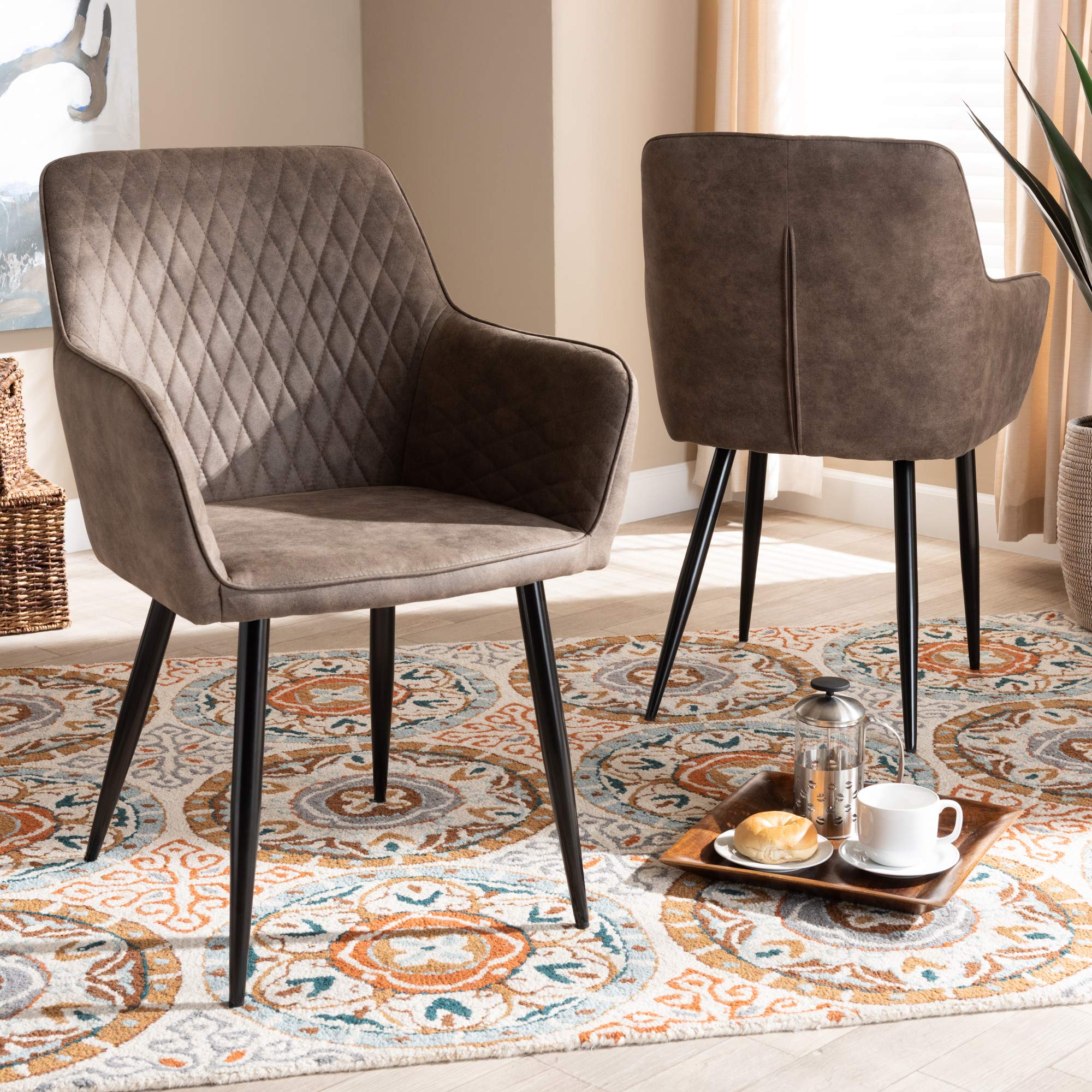 Baxton Studio Belen 2-Piece Metal Dining Chair Set - Grey & Brown Faux Leather Upholstered Chairs for Kitchen, Dining Room & Office | Modern Comfort Seating