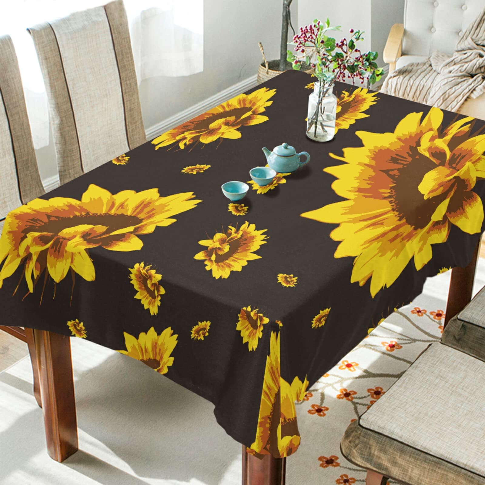 Golden Yellow Sunflowers on Black 60 x 108 Inch Oblong Tablecloth for Party, Dining Room, and Holiday Table Cloths