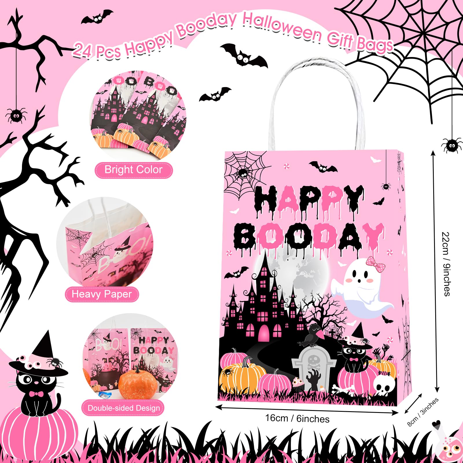 Lecheme 24-Pack Pink Halloween Paper Bags - Happy Booday Trick or Treat Candy Bags for Halloween Parties, Birthday Favors & Gift Giving (Perfect for Classroom Treats, Neighborhood Halloween Events & Party Decorations)