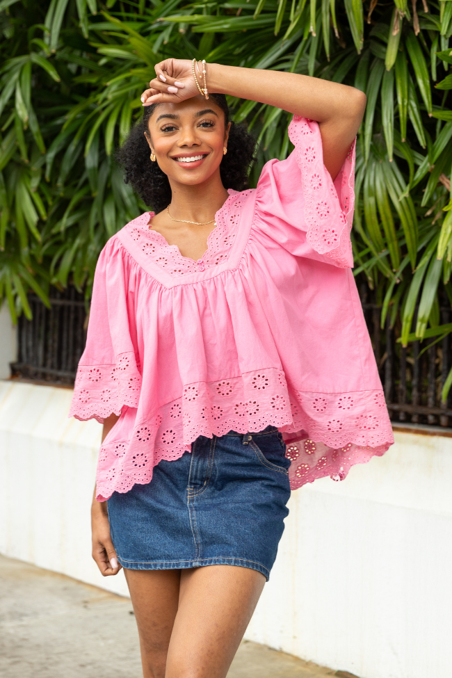Stylish Pink Eyelet Detail Popover Short Sleeve Blouse for Women - Perfect for Summer Outfits, Office Wear & Casual Dates