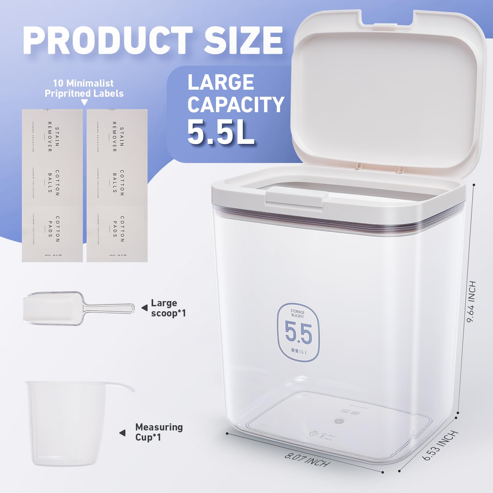 5.5L Large Capacity Laundry Detergent Storage Container with Pop-Up Lid - Airtight Powder Holder for Laundry Pods, Dishwasher Pods & Dry Food (Rice, Flour) - Includes Scoop & Measuring Cup - Perfect for Laundry Room & Kitchen Organization