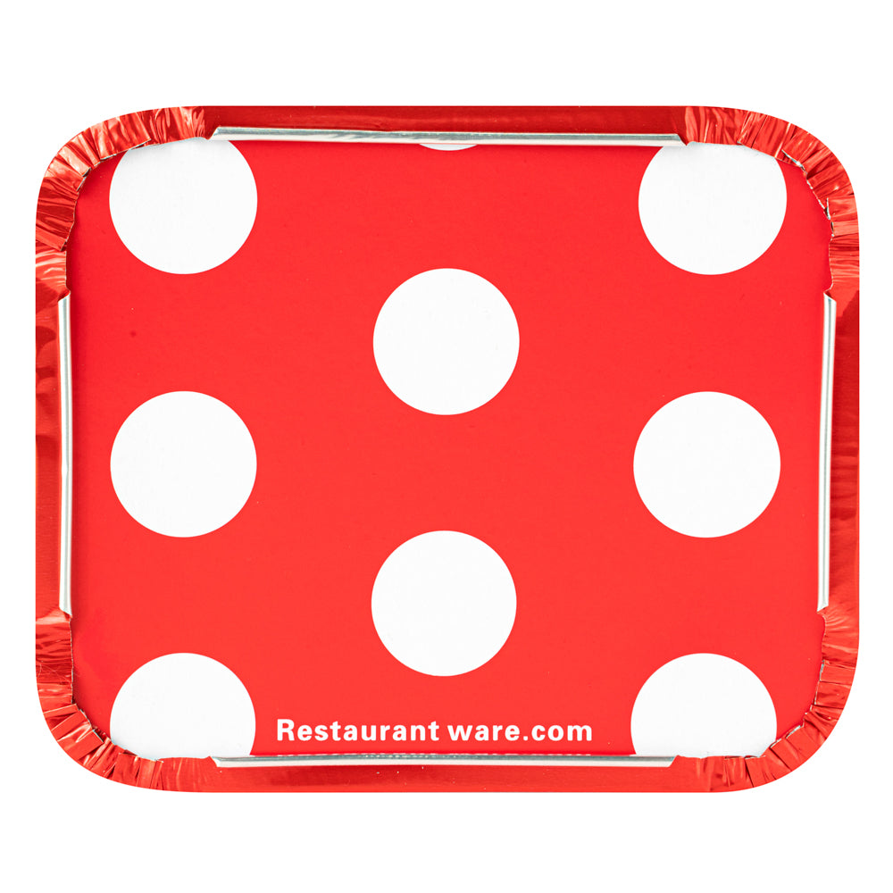 12 oz Rectangle Red Aluminum Takeout Food Containers with Polka Dot Paper Lids - 5.75