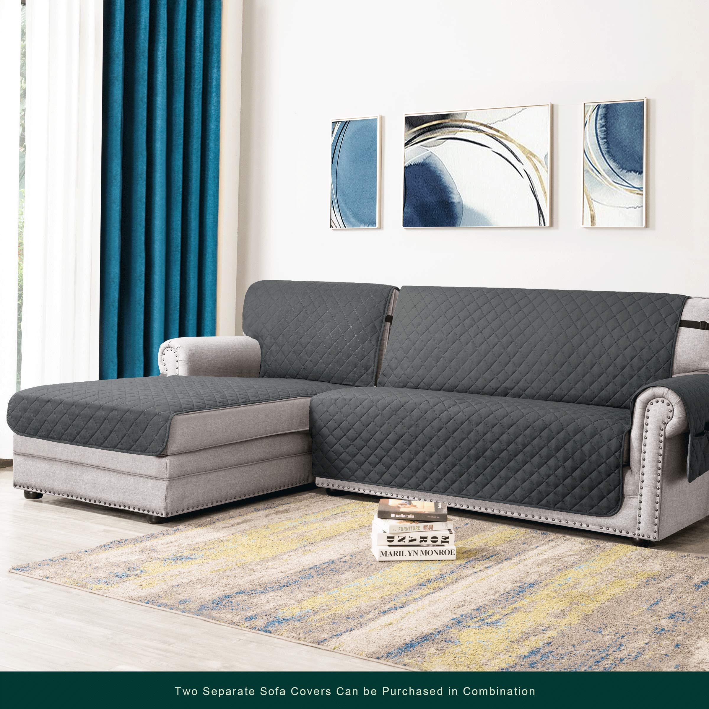 CHUN YI Reversible L-Shaped Sectional Sofa Slipcover with Elastic Straps - Chaise Lounge Cover for Dogs, Furniture Protector for Living Room, Grey - Perfect for Pet Owners & Home Decor Upgrade