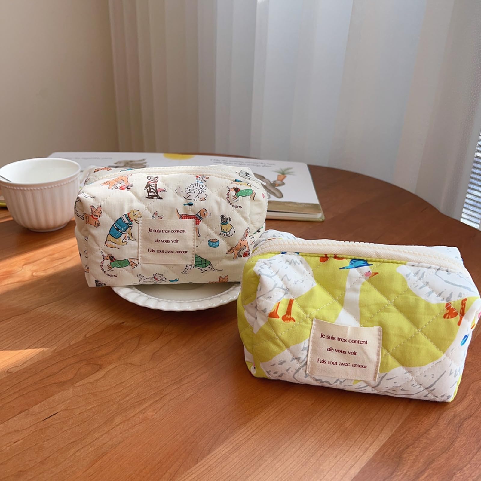 Mini Quilted Cotton Makeup Bag with Cute Animal Print - Large Capacity Cosmetic & Toiletry Organizer for Women & Girls (Mini Puppy Design) - Perfect for Travel, Gym, and Daily Essentials Storage