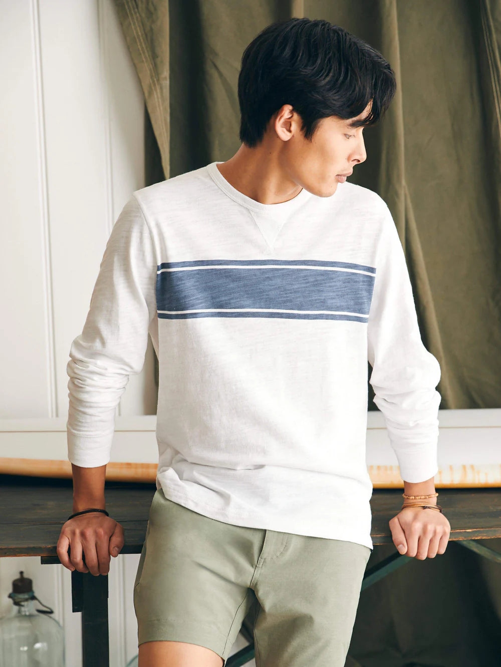 Faherty Sunwashed Long Sleeve T-Shirt for Men - Soft Cotton Crewneck Tee with Surf Stripe Design | Casual Beachwear, Outdoor Activities & Everyday Comfort