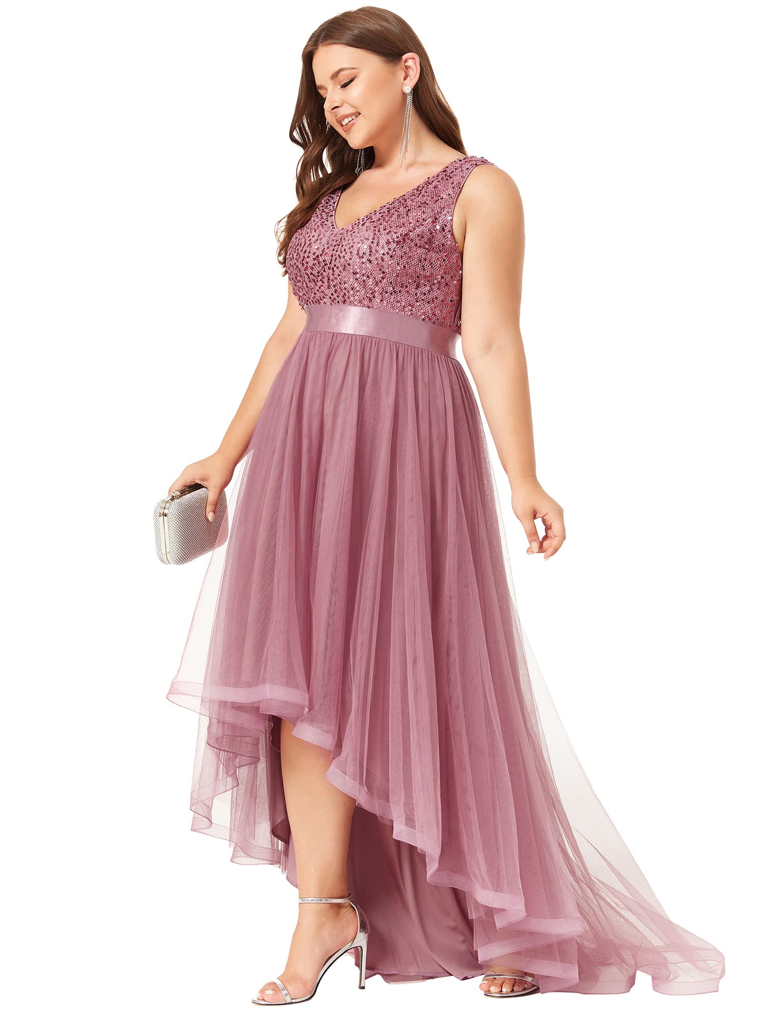 Ever-Pretty Women's Double V-Neck A-Line High-Low Sequin Tulle Plus Size Formal Dress for Curvy Women 0147A-DA | Elegant Evening Gown for Prom, Wedding Guest, Cocktail Party & Special Occasions