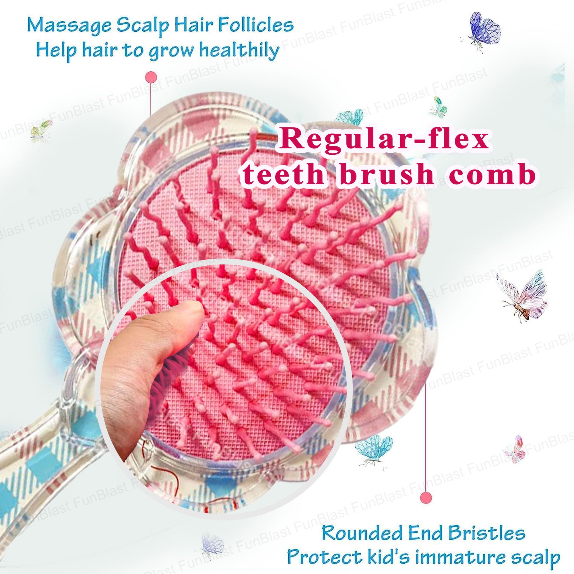 FunBlast Glitter Hair Brush Comb for Girls & Women - Flower Shaped Detangling Brush for Kids, Teens & Adults | Perfect for School, Parties & Daily Styling (Random Color)