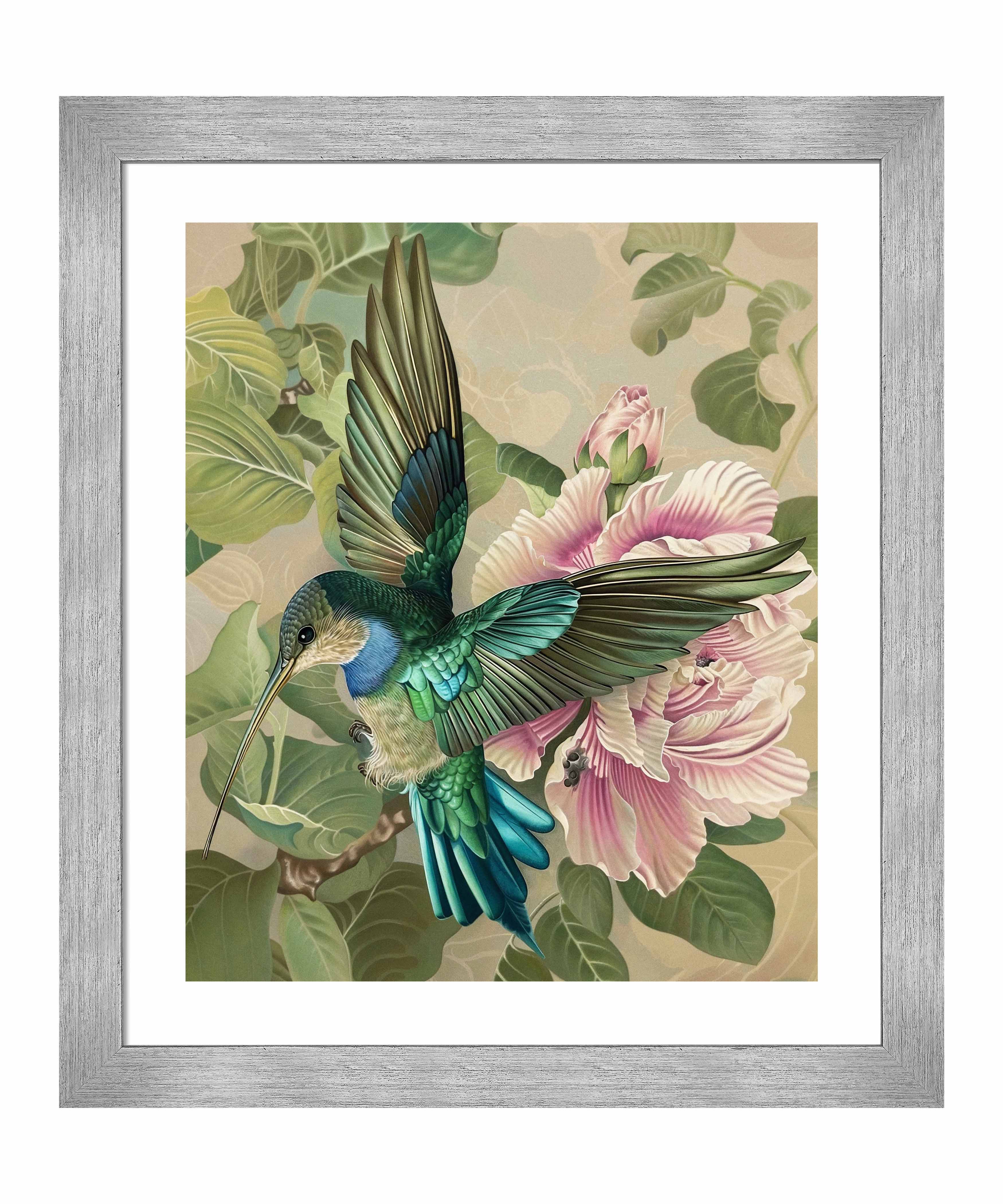 Emerald Flight Hummingbird Among Hibiscus Wall Art Print - Vibrant Tropical Home Decor for Living Room, Bedroom & Office