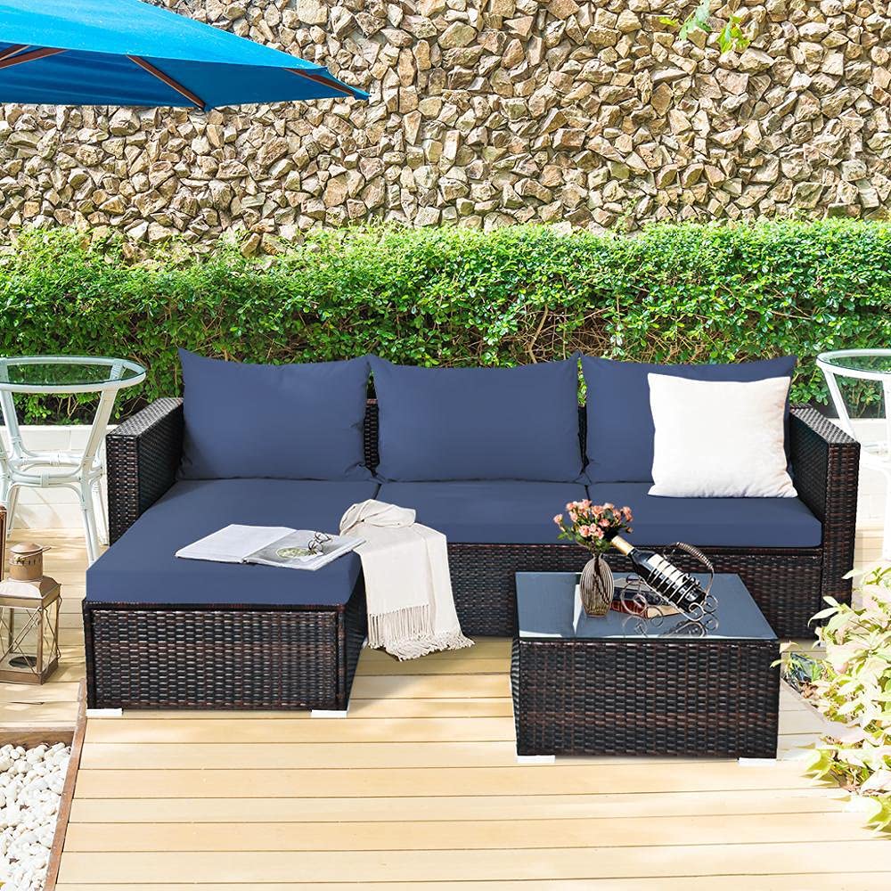 5-Piece Patio Rattan Furniture Set with Sectional Sofa and Coffee Table - Outdoor Conversation Set for Garden, Deck, Poolside - HW66521WH (White)