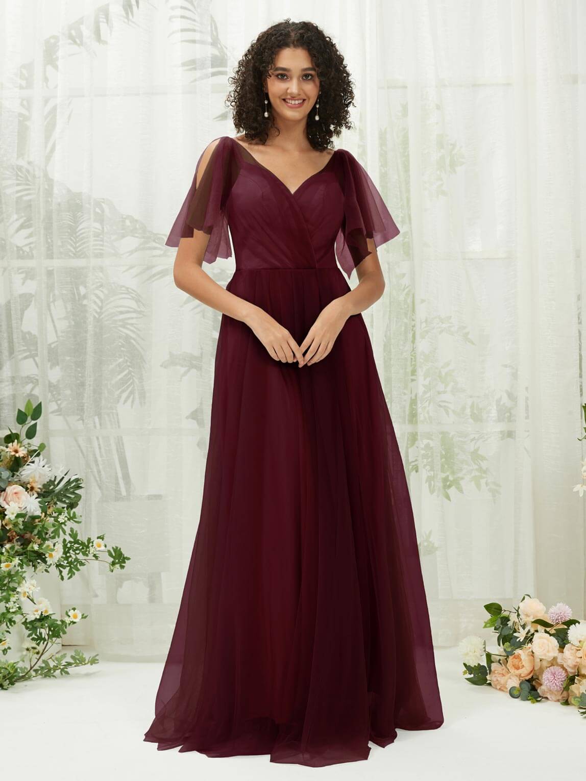 Burgundy Tulle Sweetheart Neckline Ruffle Sleeve Maxi Bridesmaid Dress with Pockets - Elegant Formal Gown for Weddings, Prom, Evening Parties and Special Occasions
