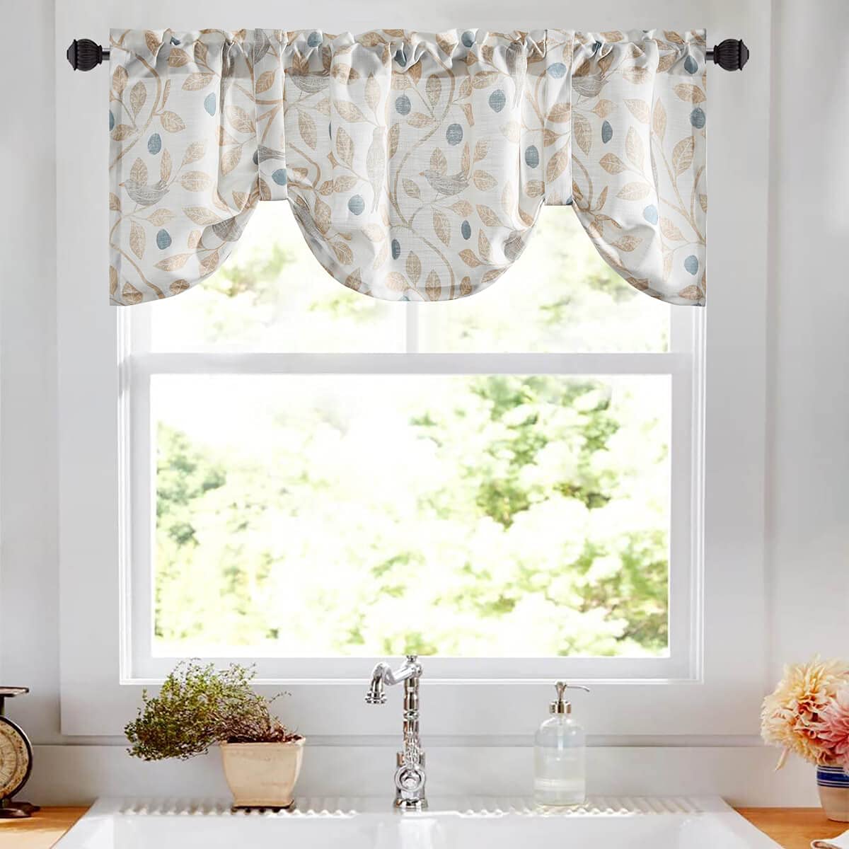 VOGOL 18-Inch Tie-Up Valance Curtain - Birds & Leaf Print Farmhouse Window Drape with Top Pocket, Single Panel (52x18 Inches) - Perfect for Kitchen, Small Cafe & Country Home Decor