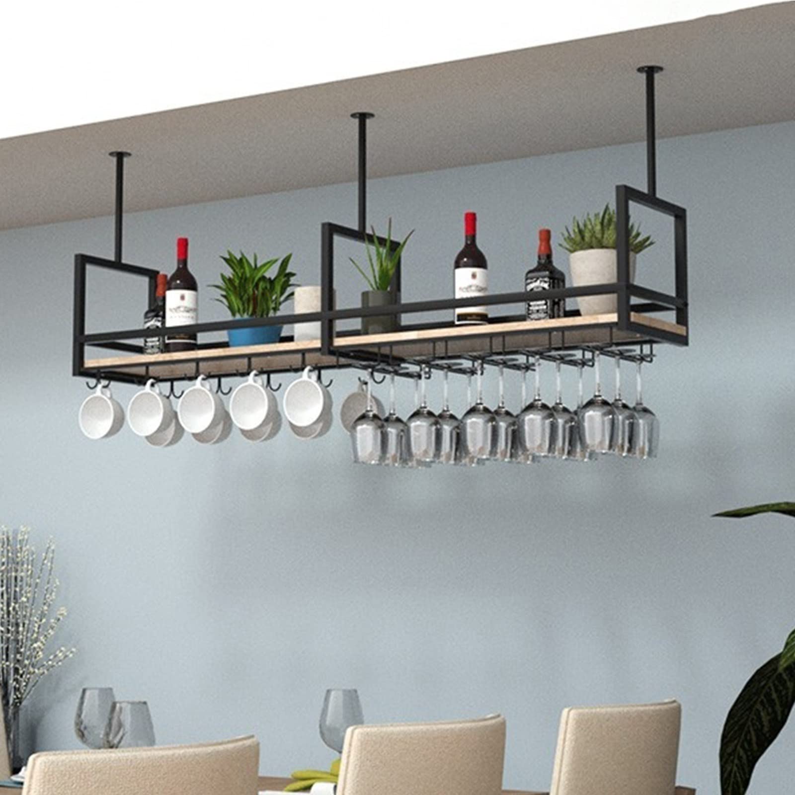 JHGJBJ Ceiling Hanging Wine Glass Rack - Floating Shelf for Kitchen Storage | Wrought Iron & Solid Wood Wine Bottle Holder | European Retro Style Plant Stand | Perfect for Loft, Bar, and Dining Room Decor