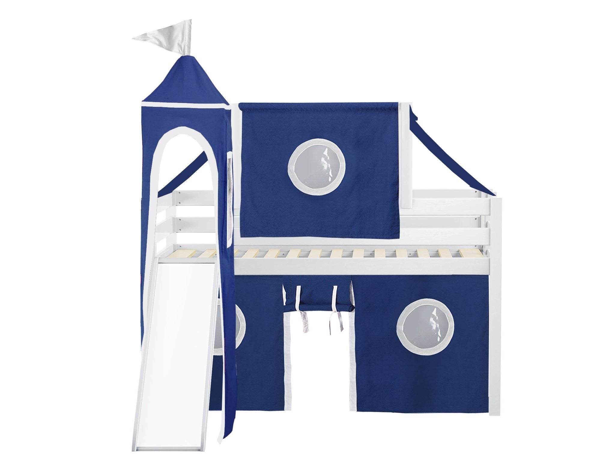 White Castle Twin Low Loft Bed with Slide & Blue-White Tent - Kids' Space-Saving Bunk Bed for Small Bedrooms, Playrooms & Sleepovers