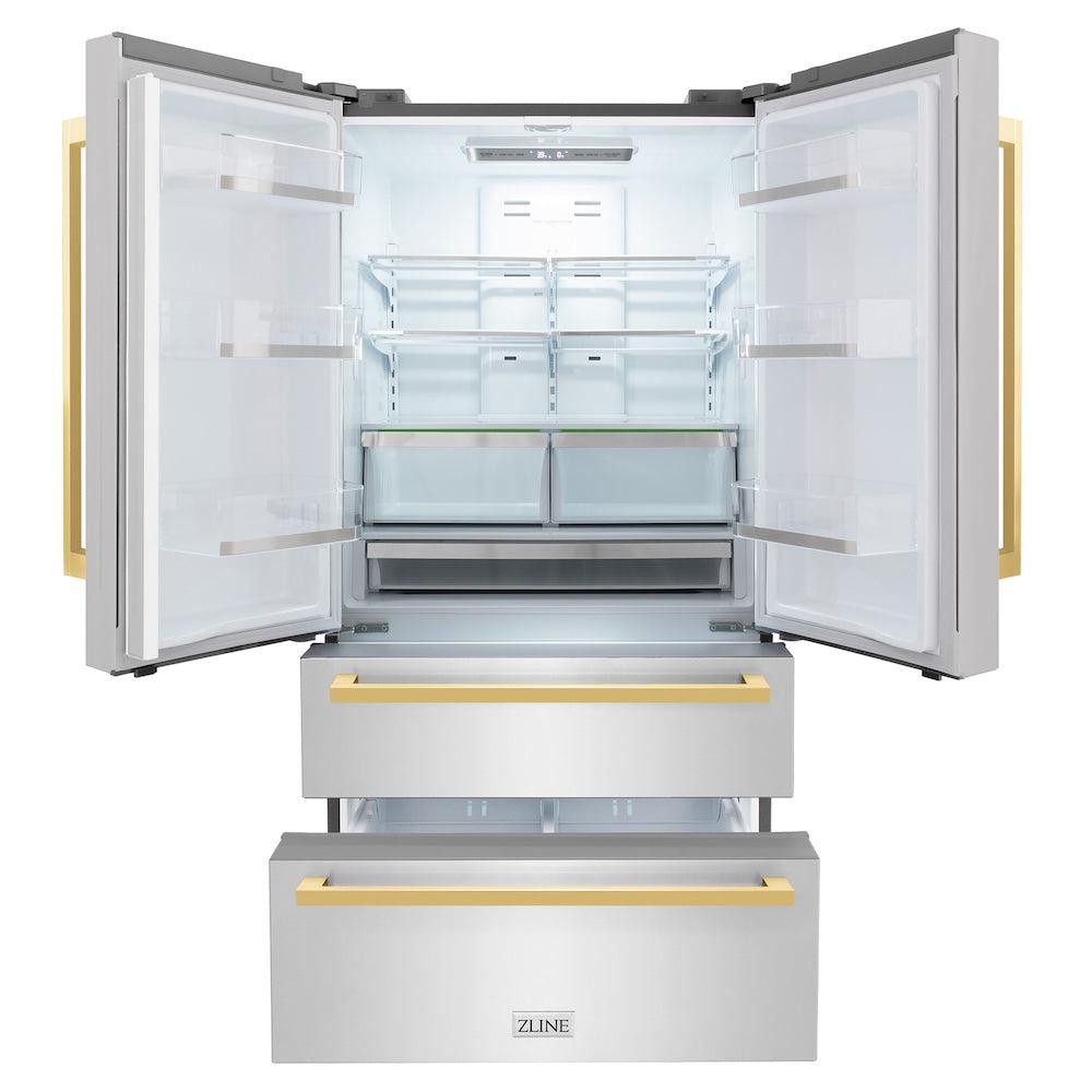ZLINE Autograph Edition 36 Inch Counter Depth French Door Refrigerator - 22.5 cu ft Capacity, Fingerprint Resistant Stainless Steel with Polished Gold Handles, Built-in Ice Maker - Perfect for Modern Kitchens & Open Concept Homes (RFMZ 36 FG)