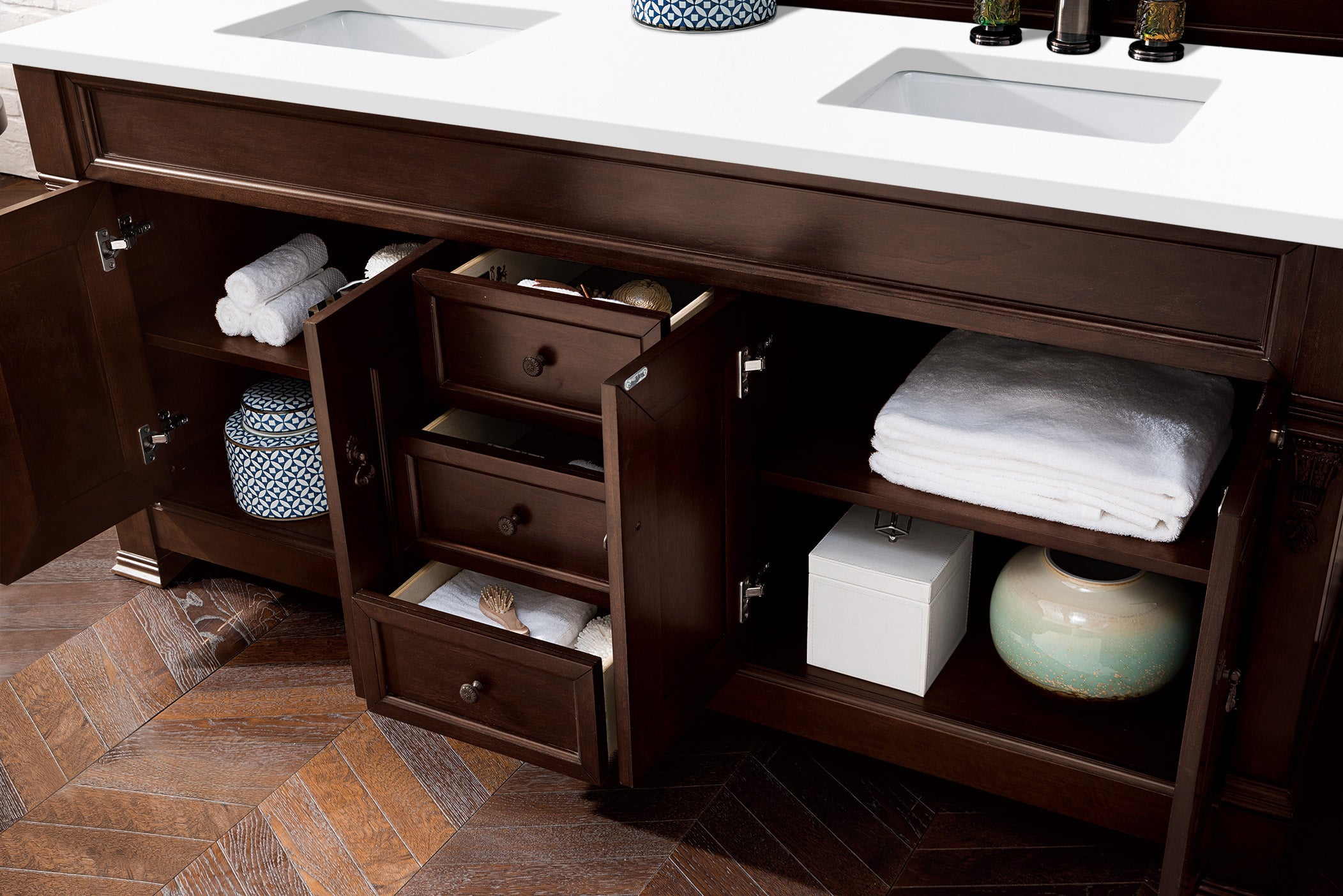 Brookfield 72-Inch Double Vanity with Burnished Mahogany Base & 3CM White Zeus Quartz Countertop - Perfect for Master Bathroom Renovation & Luxury Home Upgrade