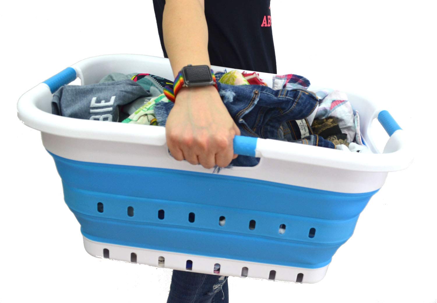 Sammart 41L Foldable Laundry Basket with 3 Handles - Collapsible Storage Organizer for Clothes, Toys & Home Essentials - Portable & Space Saving Hamper (White/Sky Blue) - Perfect for Dorm, Apartment & Travel Use
