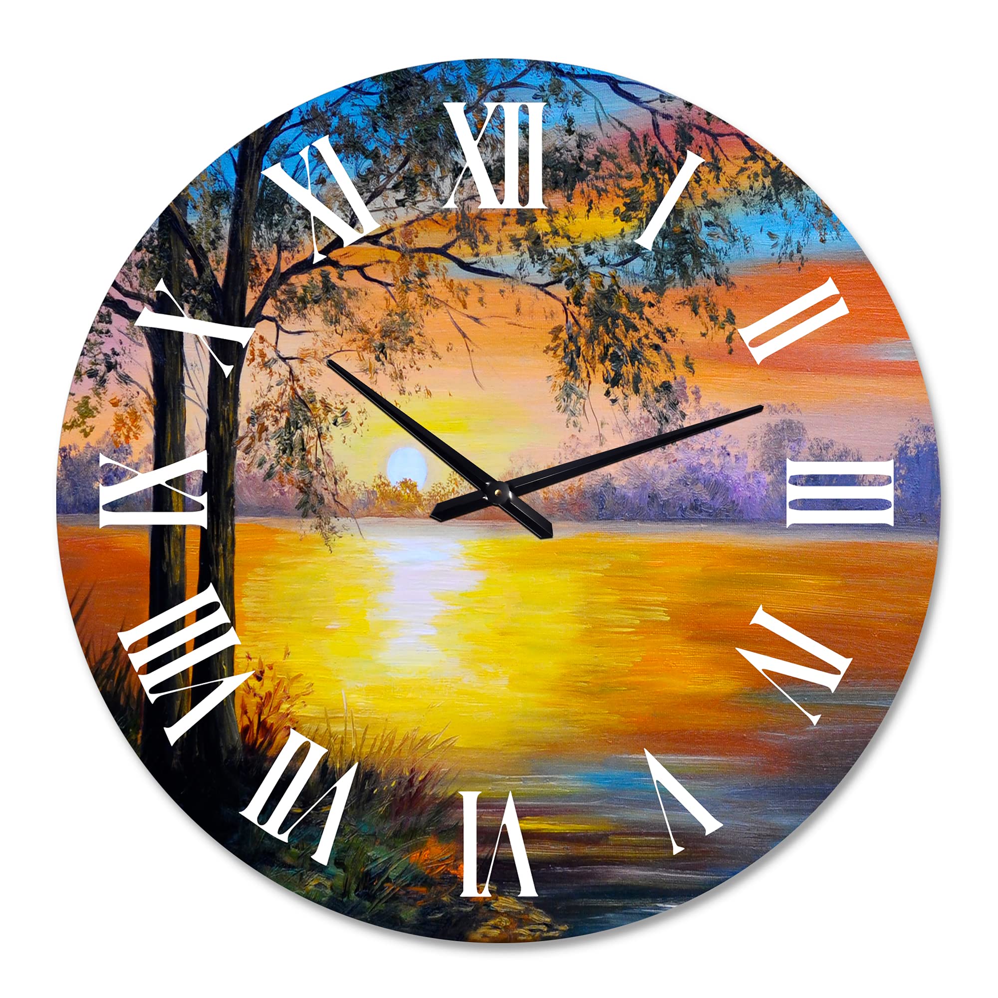 Evening Tree Near The Lake Landscape Wall Clock - Large Traditional Wooden Wall Clock for Living Room, Bedroom & Office Decor - Perfect for Home, Office and Gift Giving