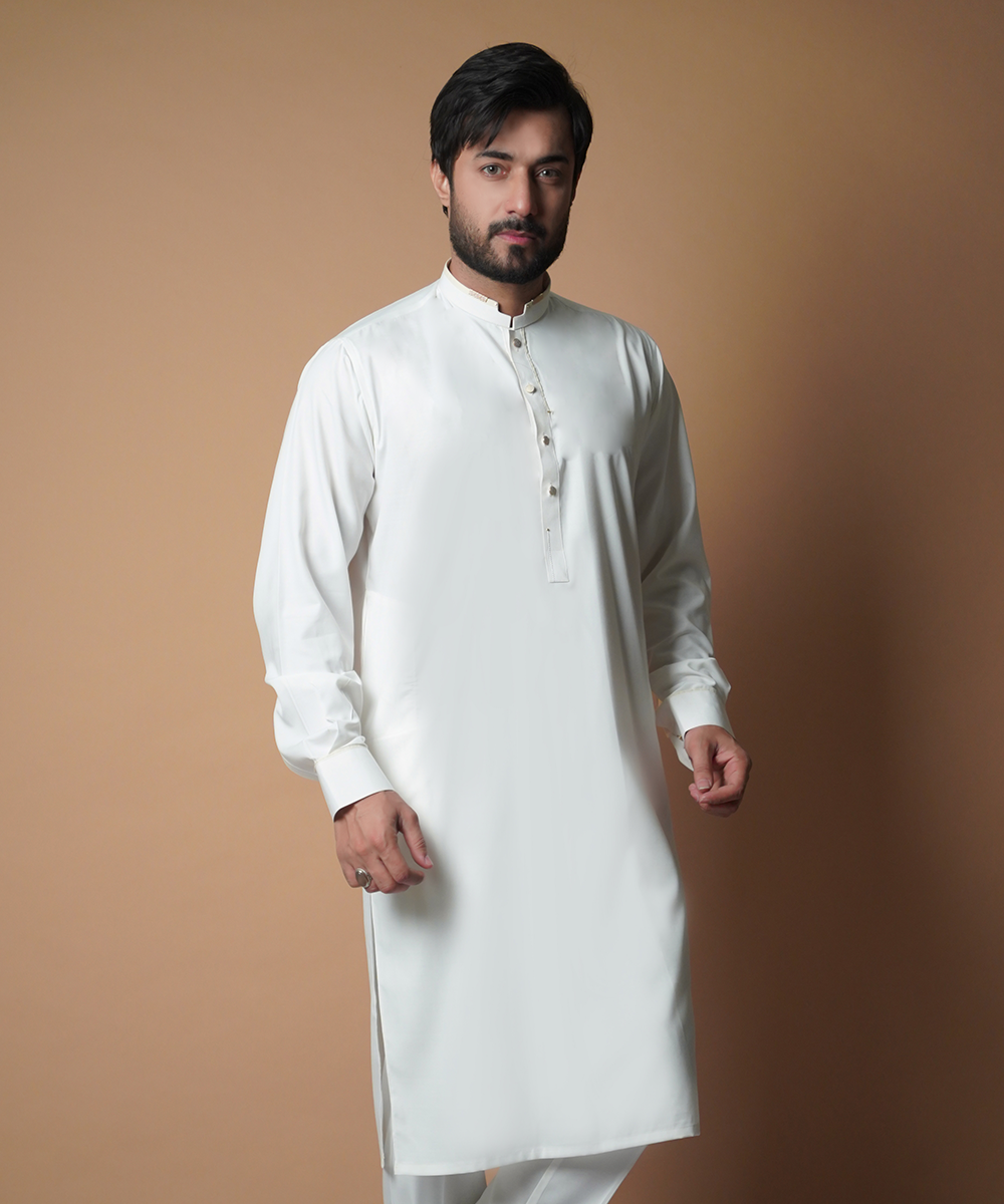Elegant Classic Ivory Kurta & Pyjama Set with Gold Embellishments for Men - Perfect for Festivals, Weddings & Special Occasions