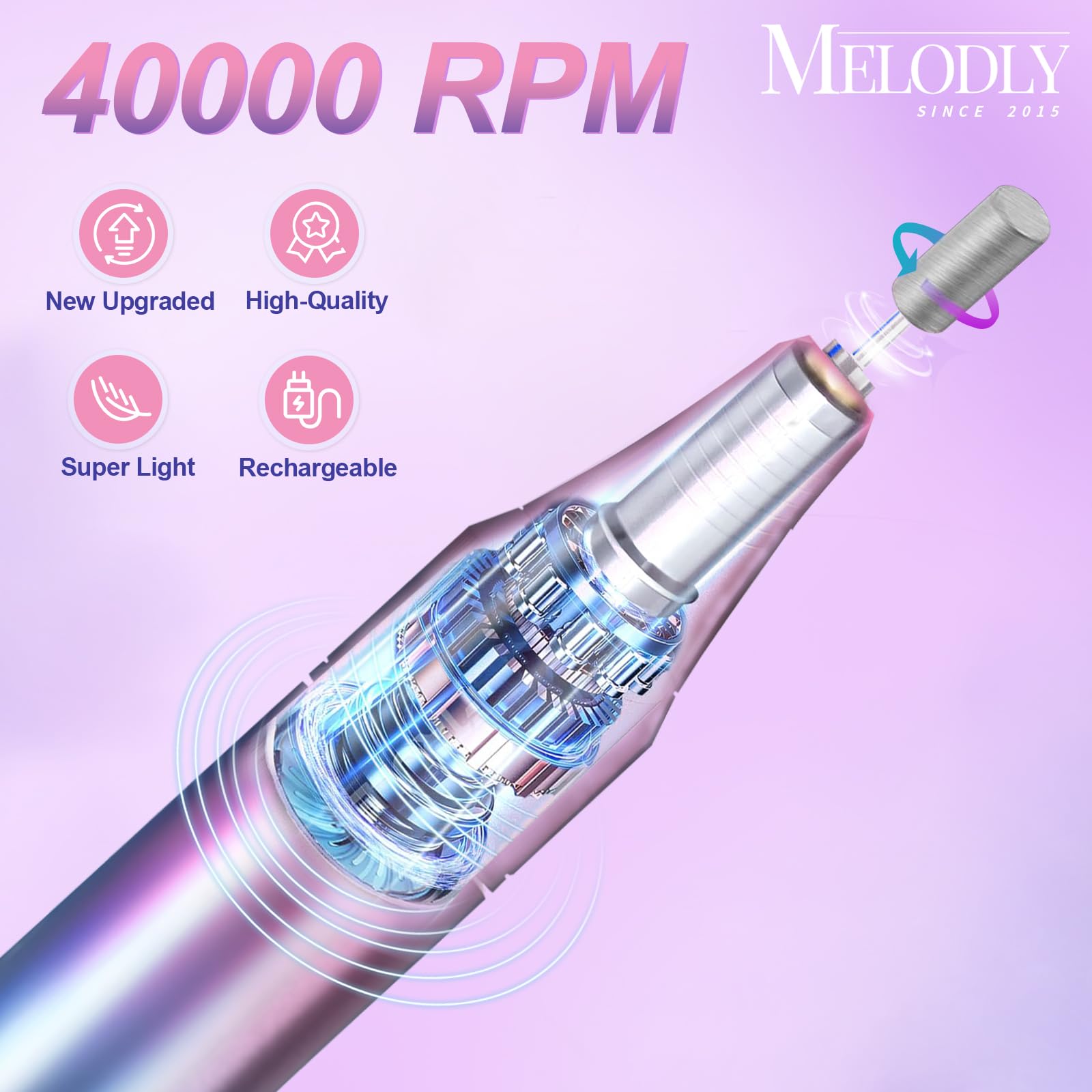 Professional Electric Nail Drill 40000 RPM - Rechargeable Cordless Nail File Machine Kit with Gold Bits for Acrylic & Gel Nails - Perfect for Salon & Home Use - Manicure, Pedicure & Nail Art