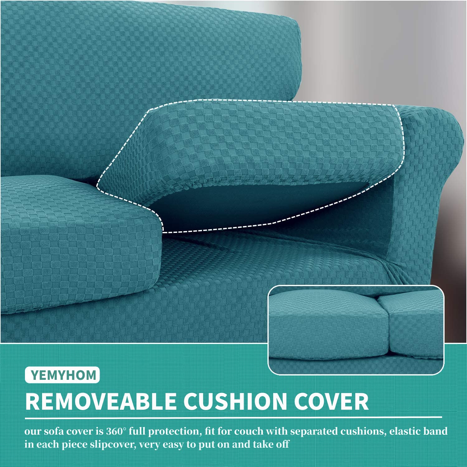 YEMYHOM 4-Piece Checkered Stretch Sofa Cover for 3-Cushion Couch - Thickened Pet-Friendly Elastic Slipcover, Teal (71