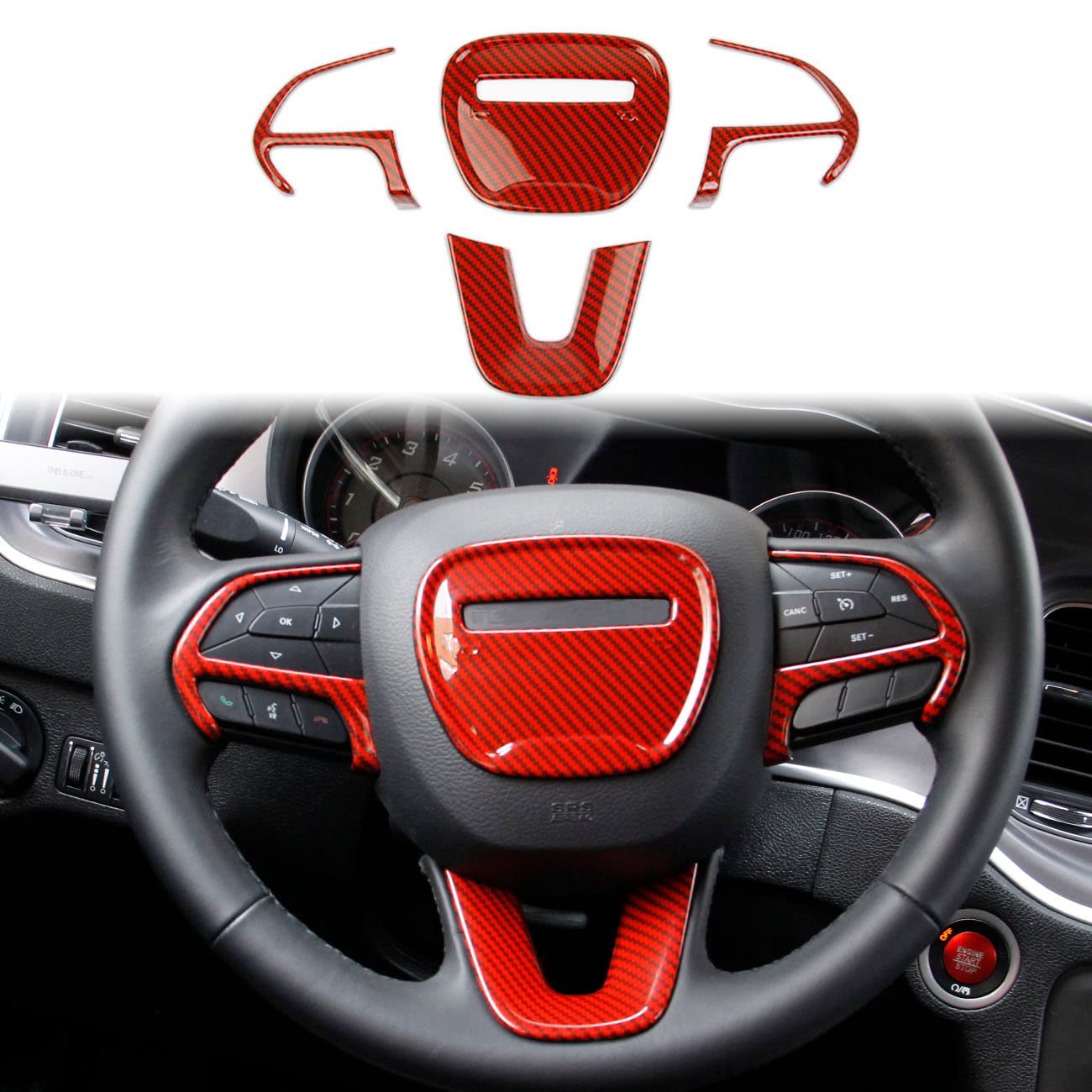 Premium Carbon Fiber Steering Wheel Cover & Trim Bezels for Dodge Charger 2015-2023 - Red | Non-Slip Grip, Easy Installation | Upgrade Interior for Sporty Driving Experience