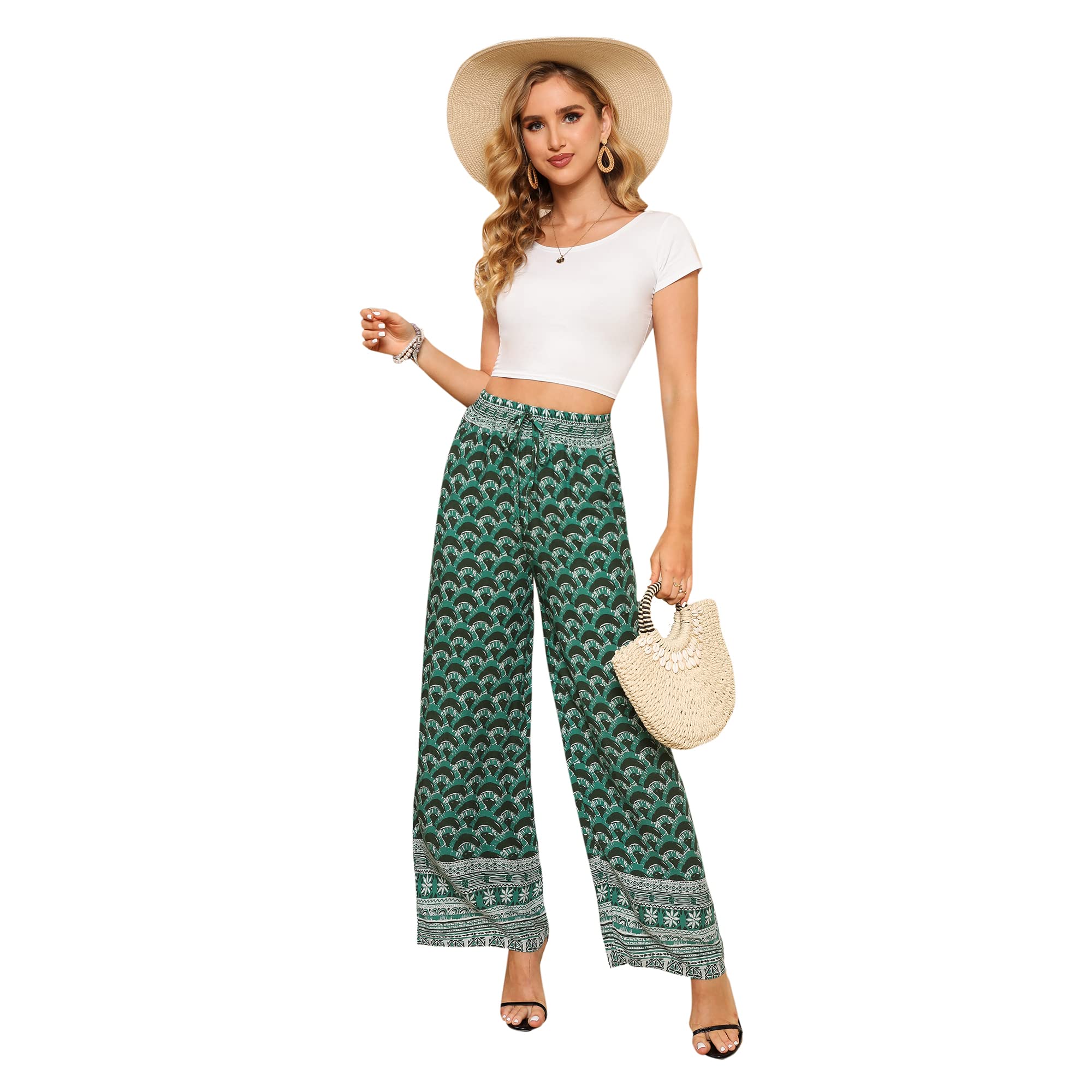 Women's Summer Wide Leg Elastic High Waist Printed Boho Hippie Palazzo Pants - Comfortable & Stylish for Beach, Vacation & Casual Wear