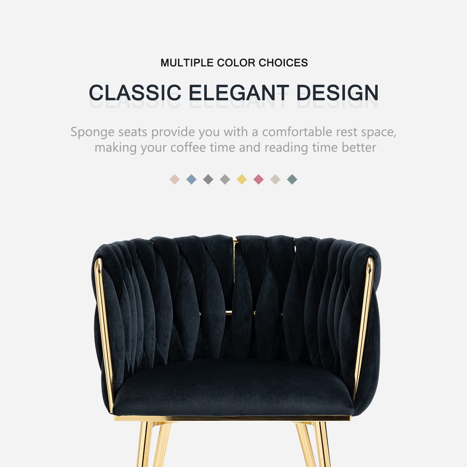Nrizc Set of 2 Modern Velvet Upholstered Dining Chairs with Gold Metal Legs - Elegant Woven Accent Chairs for Living Room, Kitchen & Dining Room (Black) - Perfect for Home Decor, Dinner Parties & Cozy Gatherings